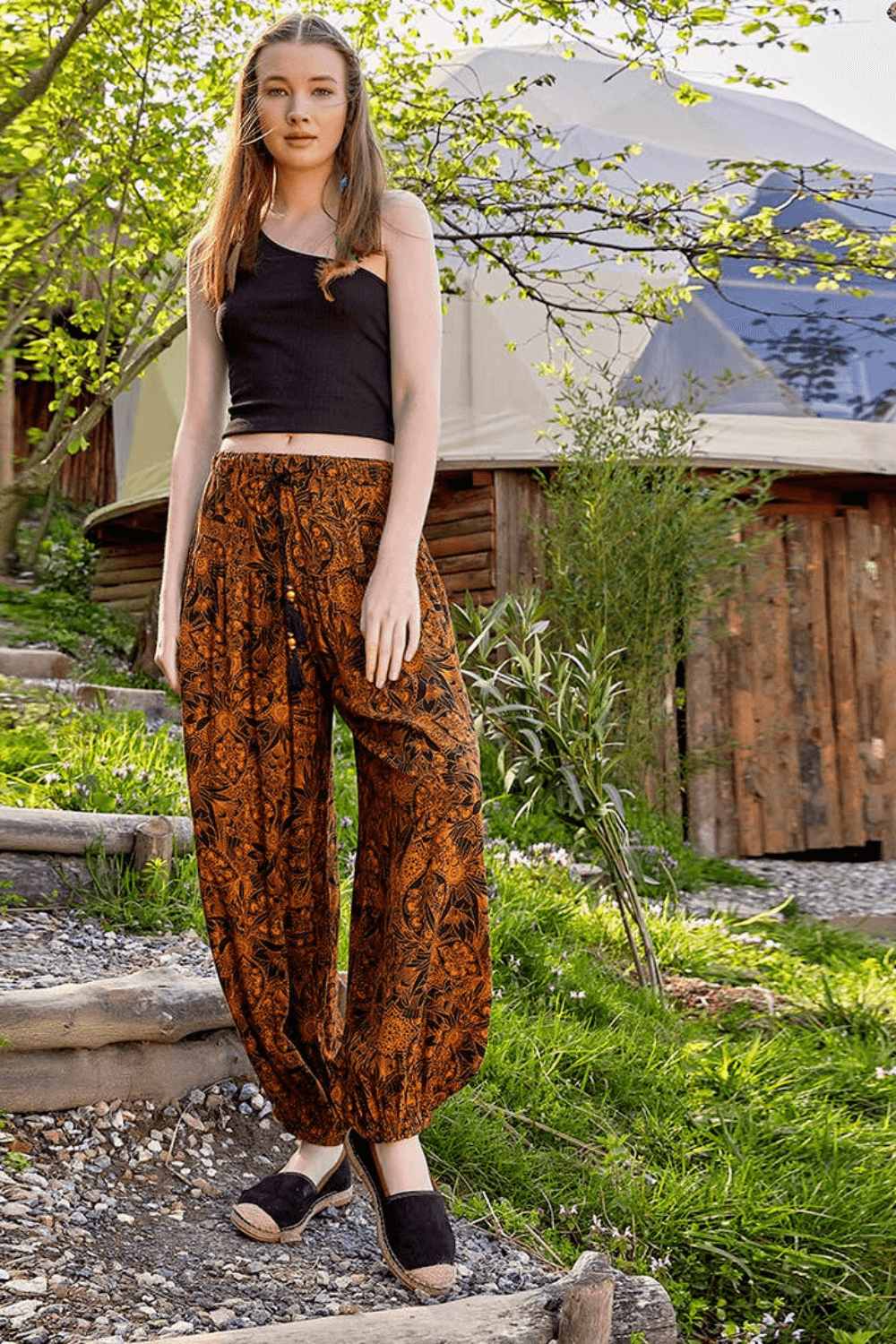 Drawstring Orange Pattern Pants