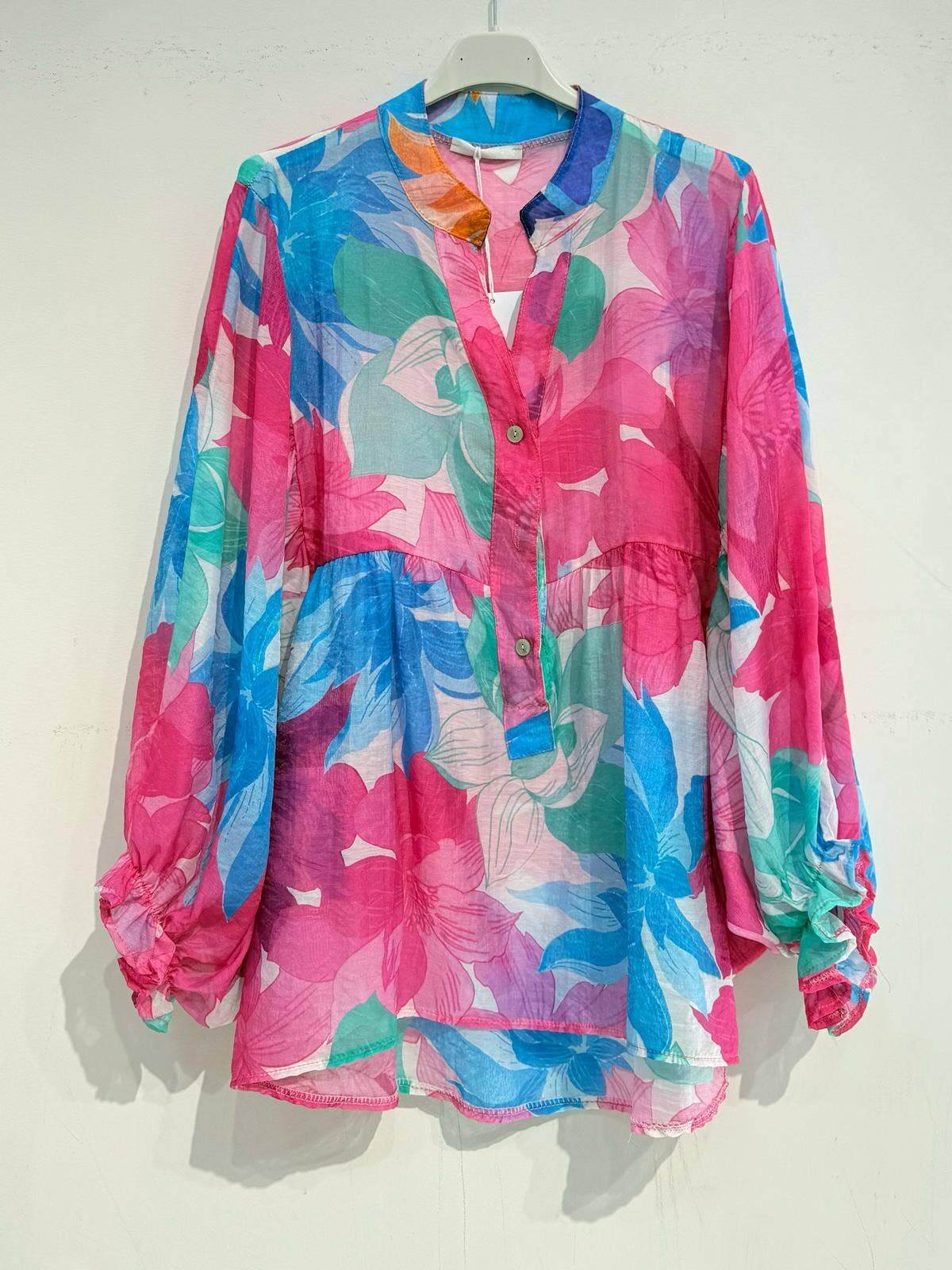 Printed Cotton Voile Blouse – Ruffled Trim, Shirt Collar, One Size