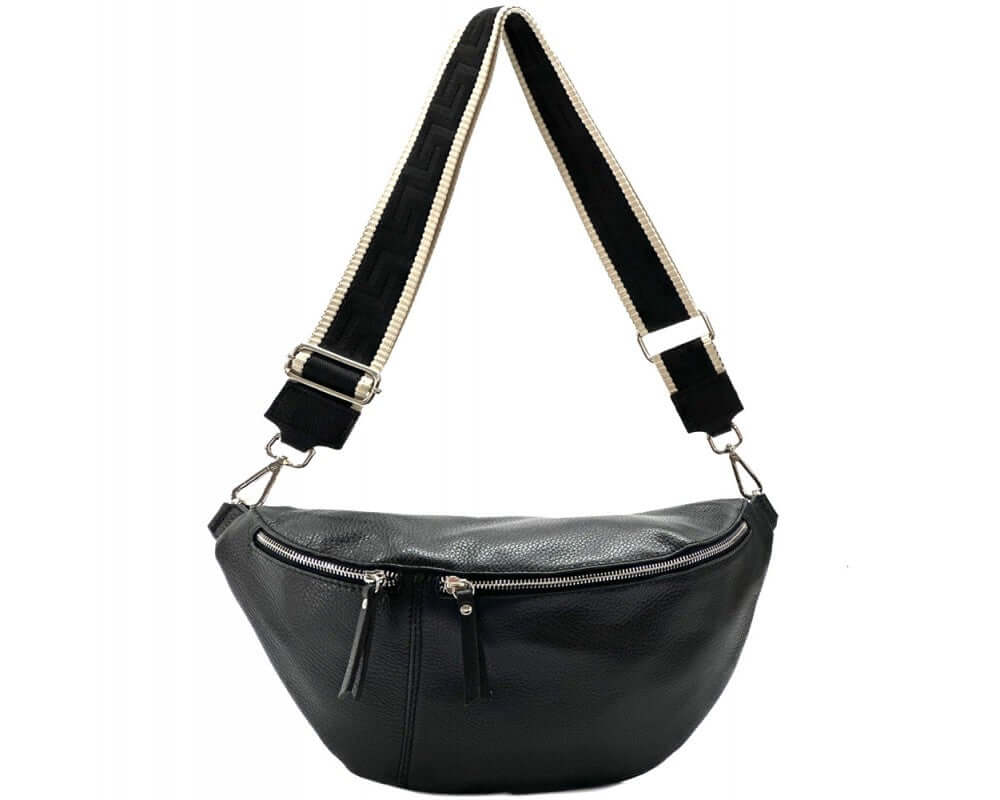 Nova Crossbody Fanny Pack 2 in black leather with detachable straps, showcasing artisan craftsmanship and versatile styling.