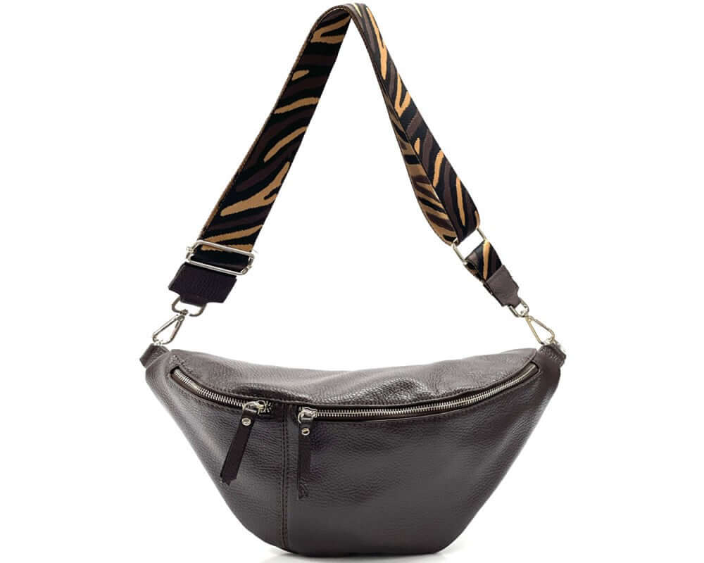 Nova Crossbody Fanny Pack 2 in dark leather with a detachable patterned strap for versatile styling.