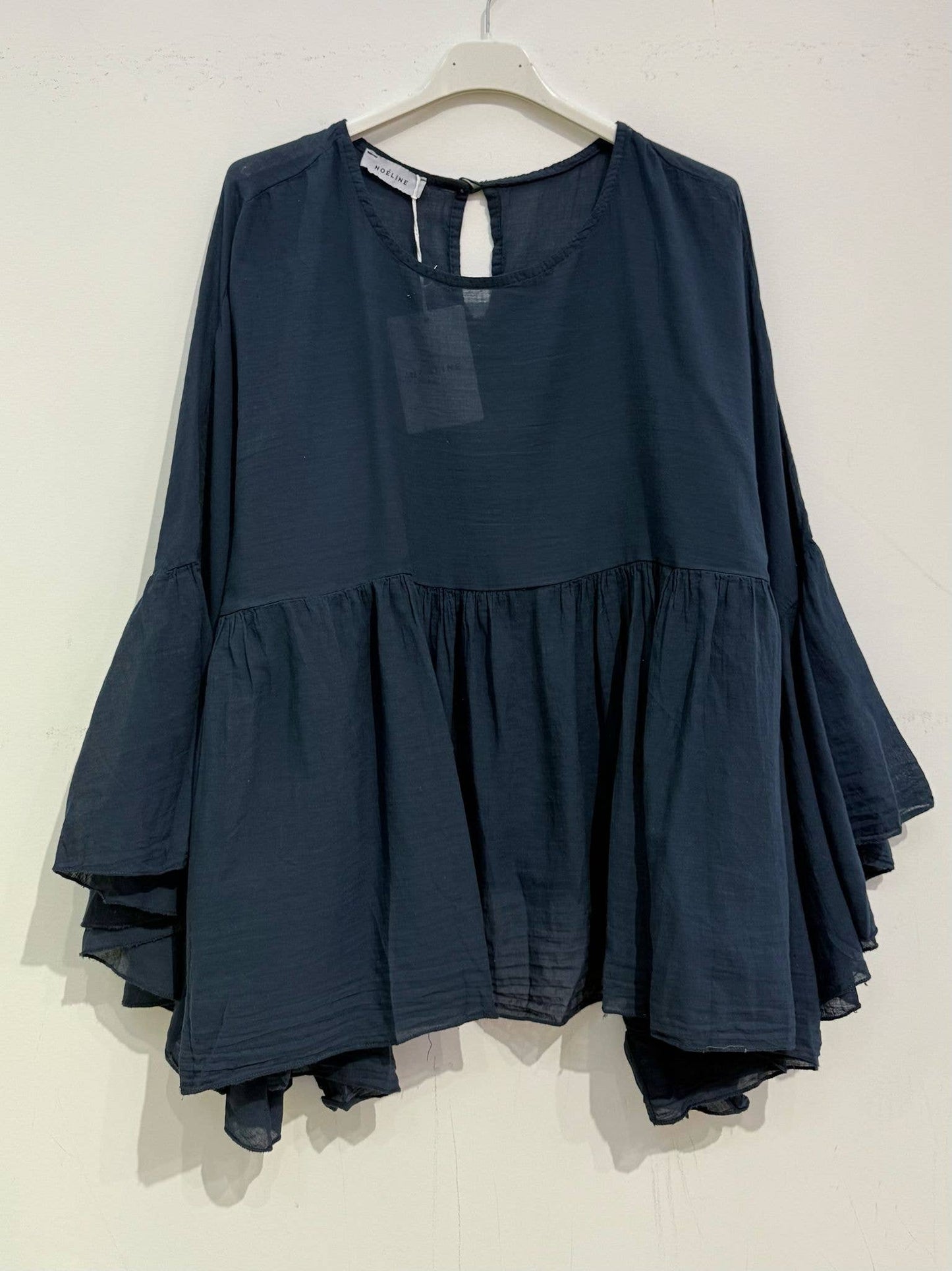 Cotton Voile Blouse – Ruffled Sleeves, Round Neck, One Size