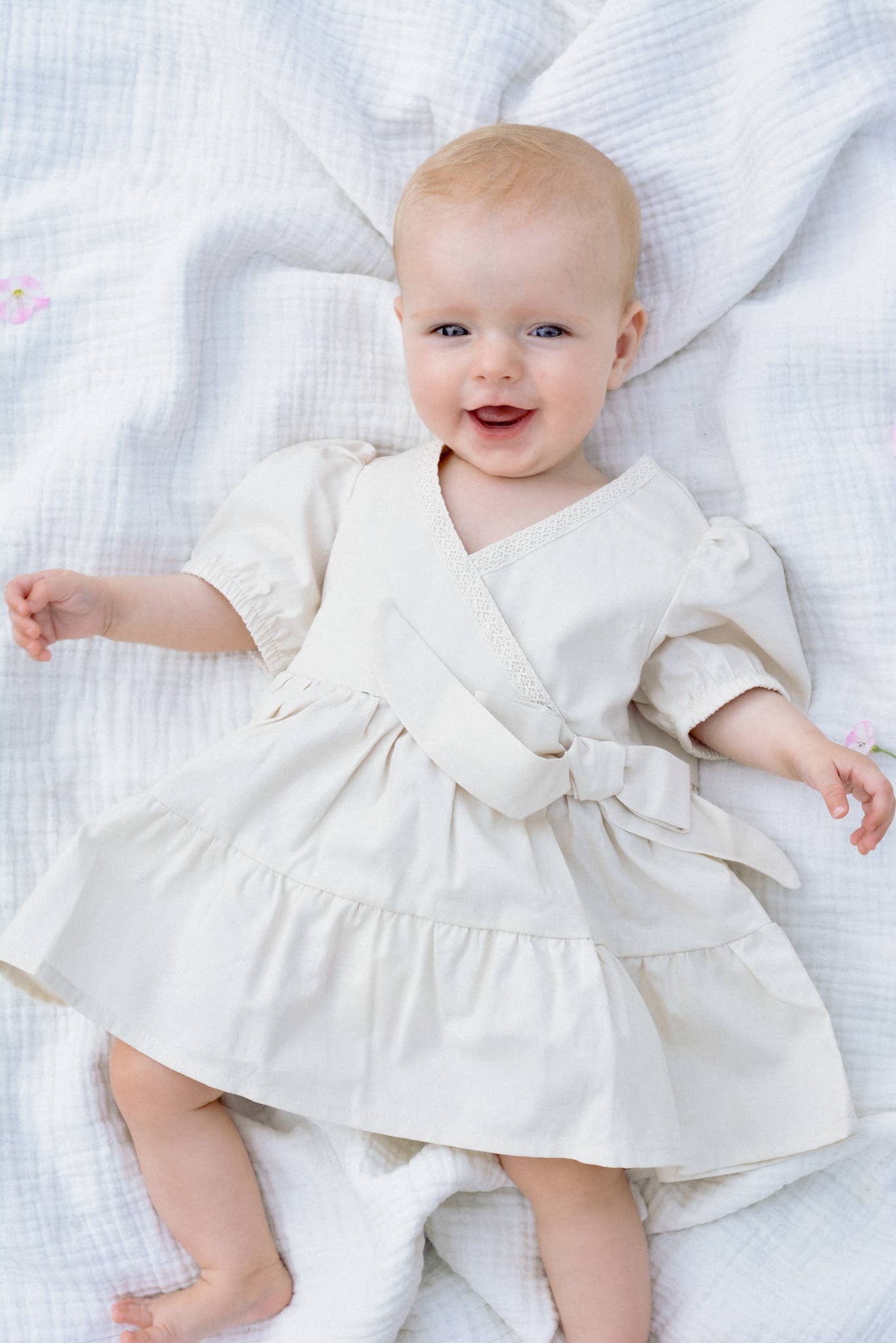 LARA Dress – Beige Cotton with Lace and Balloon Sleeves