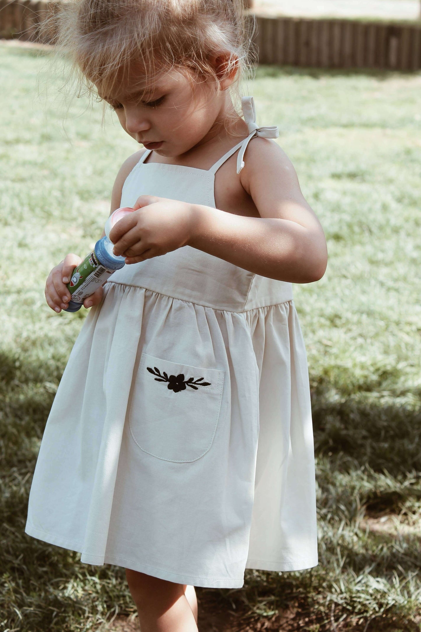 ESTELLE Dress – Beige Cotton with Embroidered Pockets