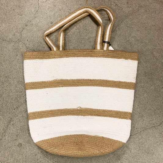 White Stripe Cotton Jute Bucket Bag for Women