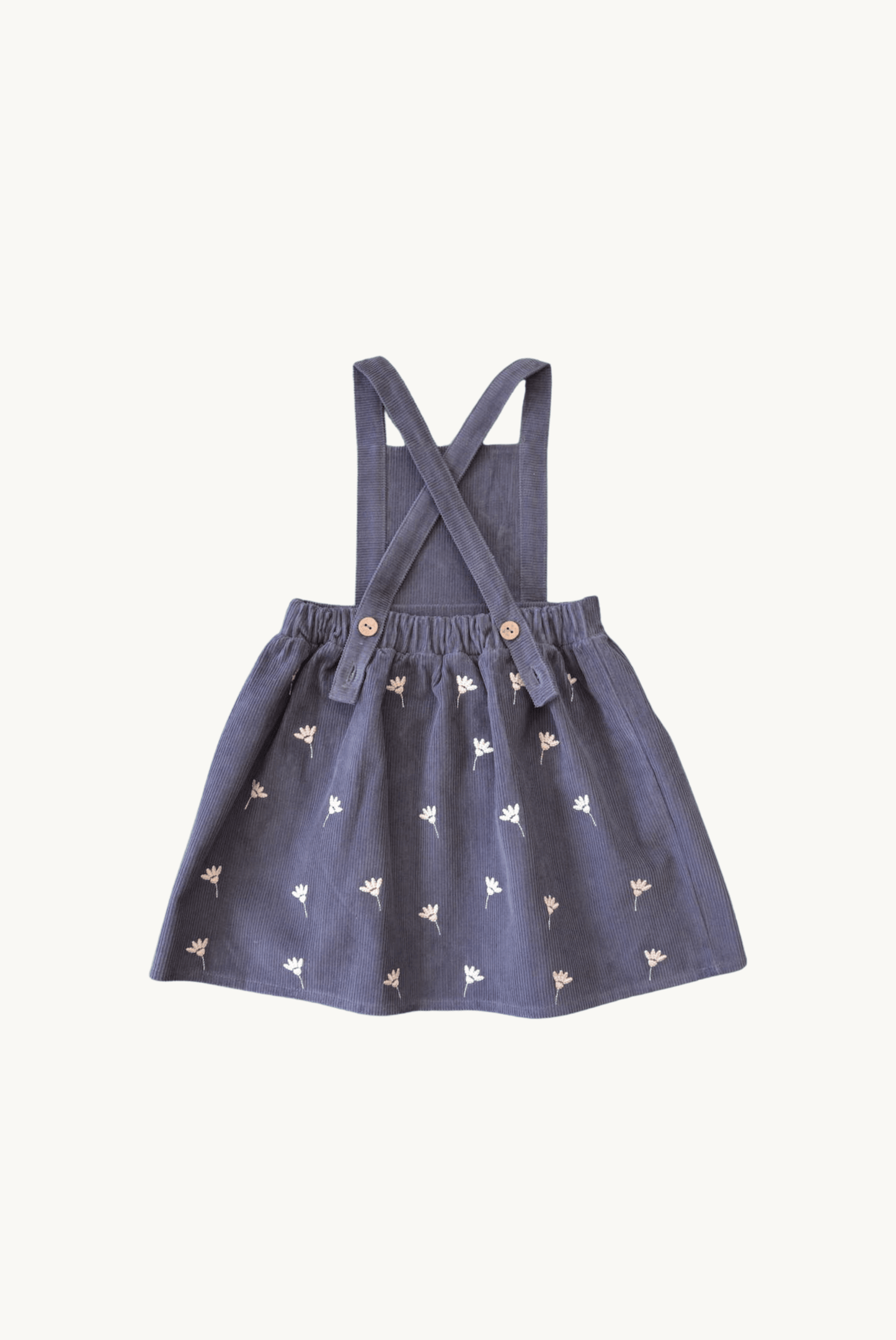 Gaia Dress – Stone Blue Corduroy, Floral Embroidery, Adjustable Straps, 100% Cotton OEKO-TEX