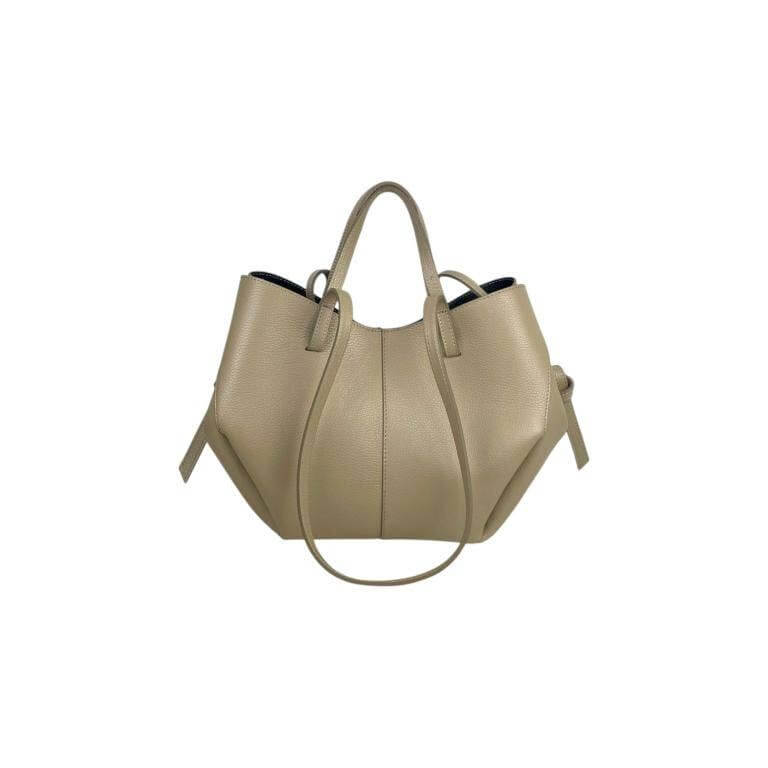 Elegant Italian leather handbag in beige with convertible design and magnetic closure, perfect for modern women.