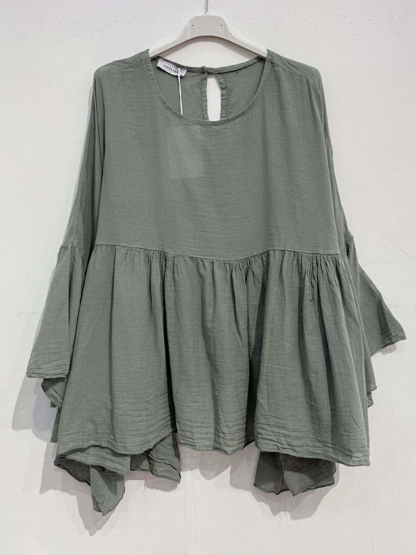 Cotton Voile Blouse – Ruffled Sleeves, Round Neck, One Size