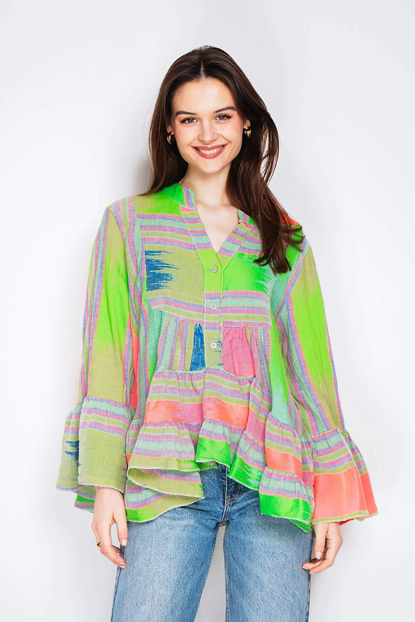 Embroidered Cotton Blouse – 3/4 Sleeves, One Size, Lightweight Elegance