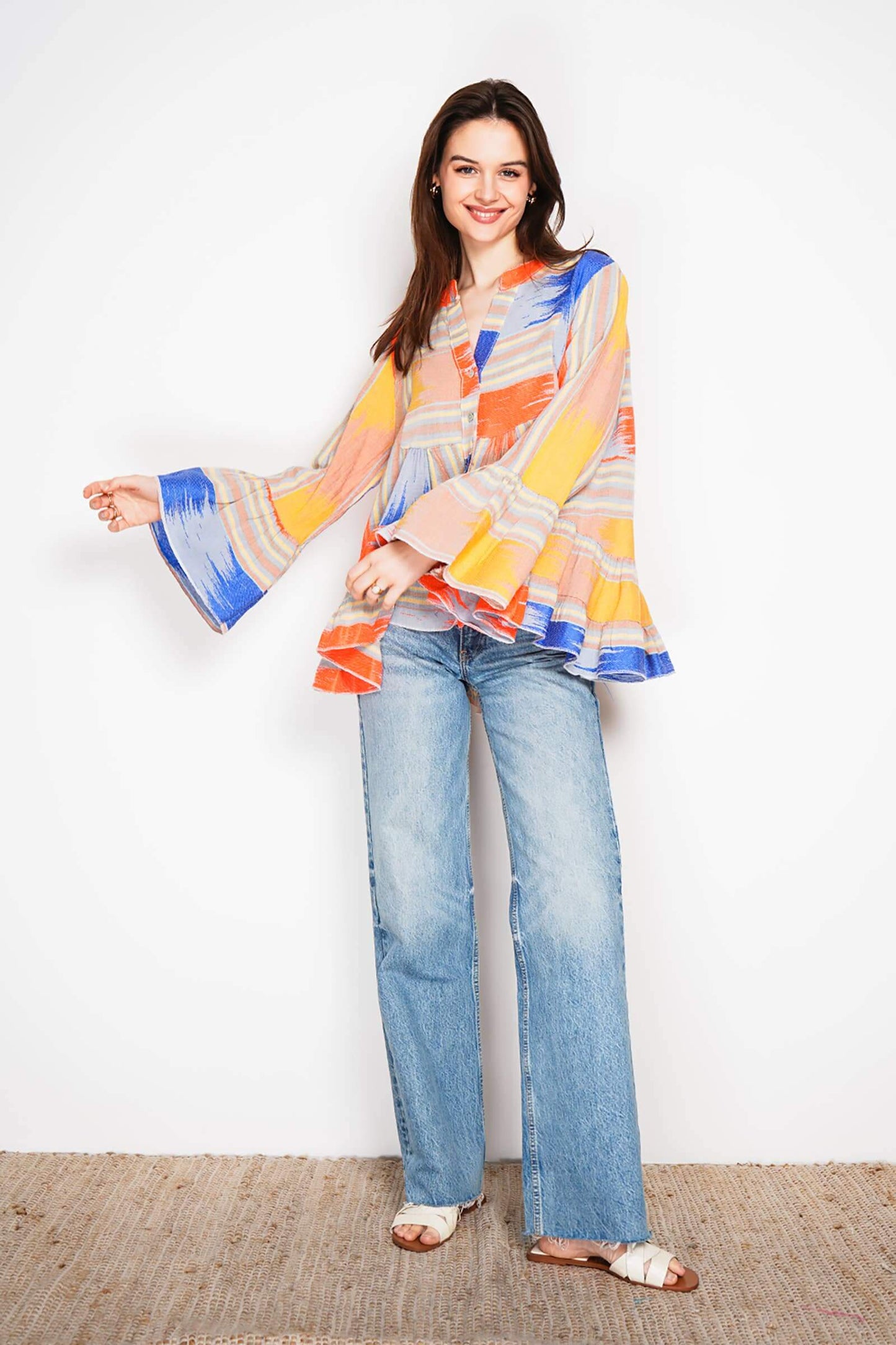 Embroidered Cotton Blouse – 3/4 Sleeves, One Size, Lightweight Elegance