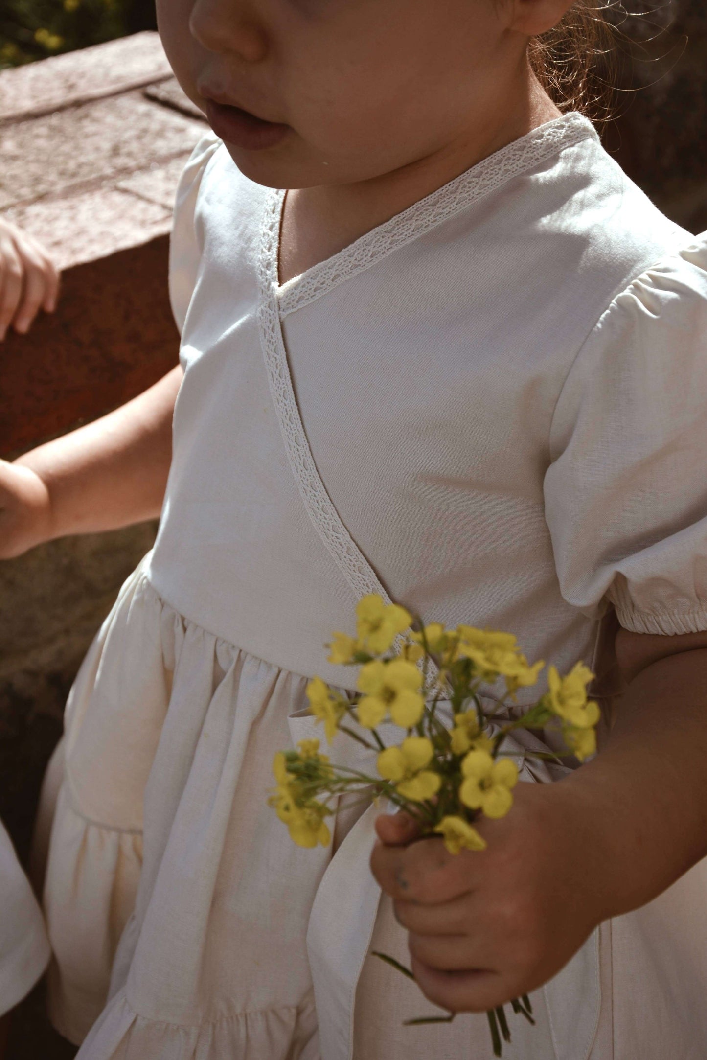 LARA Dress – Beige Cotton with Lace and Balloon Sleeves