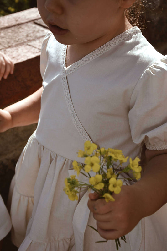 LARA Dress – Beige Cotton with Lace and Balloon Sleeves