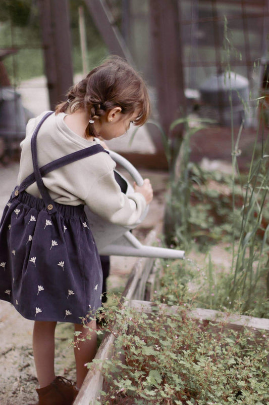 Gaia Dress – Stone Blue Corduroy, Floral Embroidery, Adjustable Straps, 100% Cotton OEKO-TEX