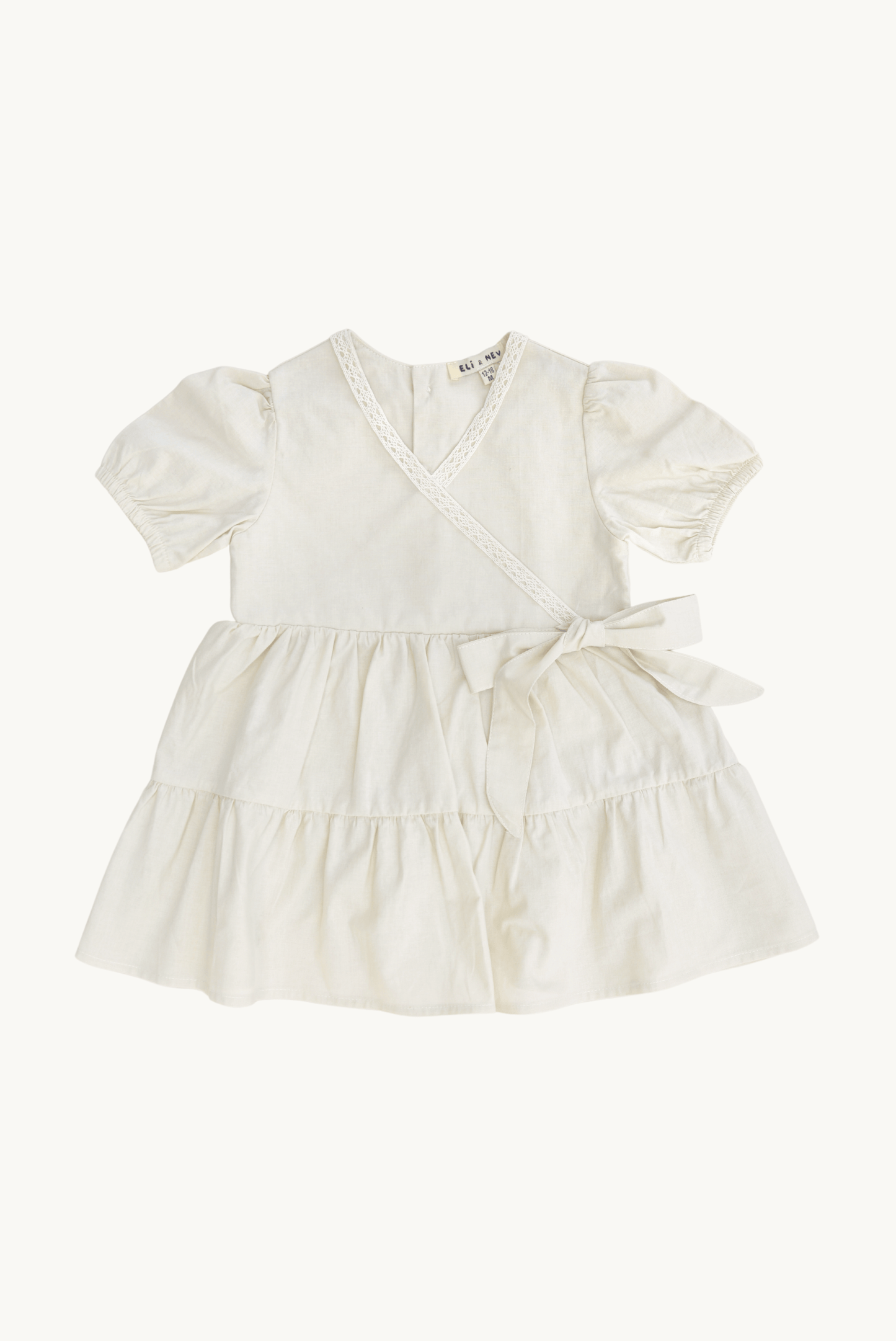 LARA Dress – Beige Cotton with Lace and Balloon Sleeves