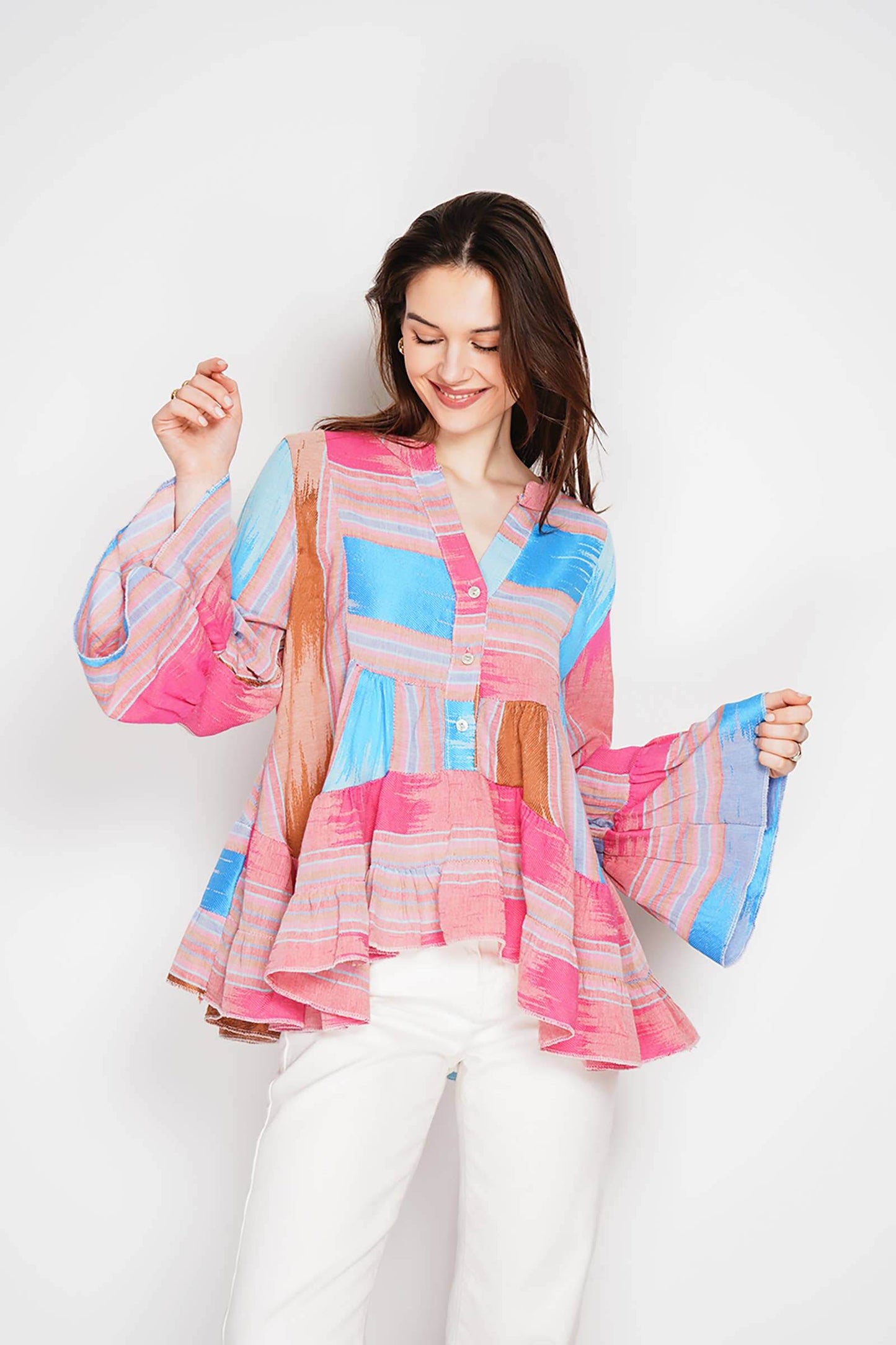 Embroidered Cotton Blouse – 3/4 Sleeves, One Size, Lightweight Elegance