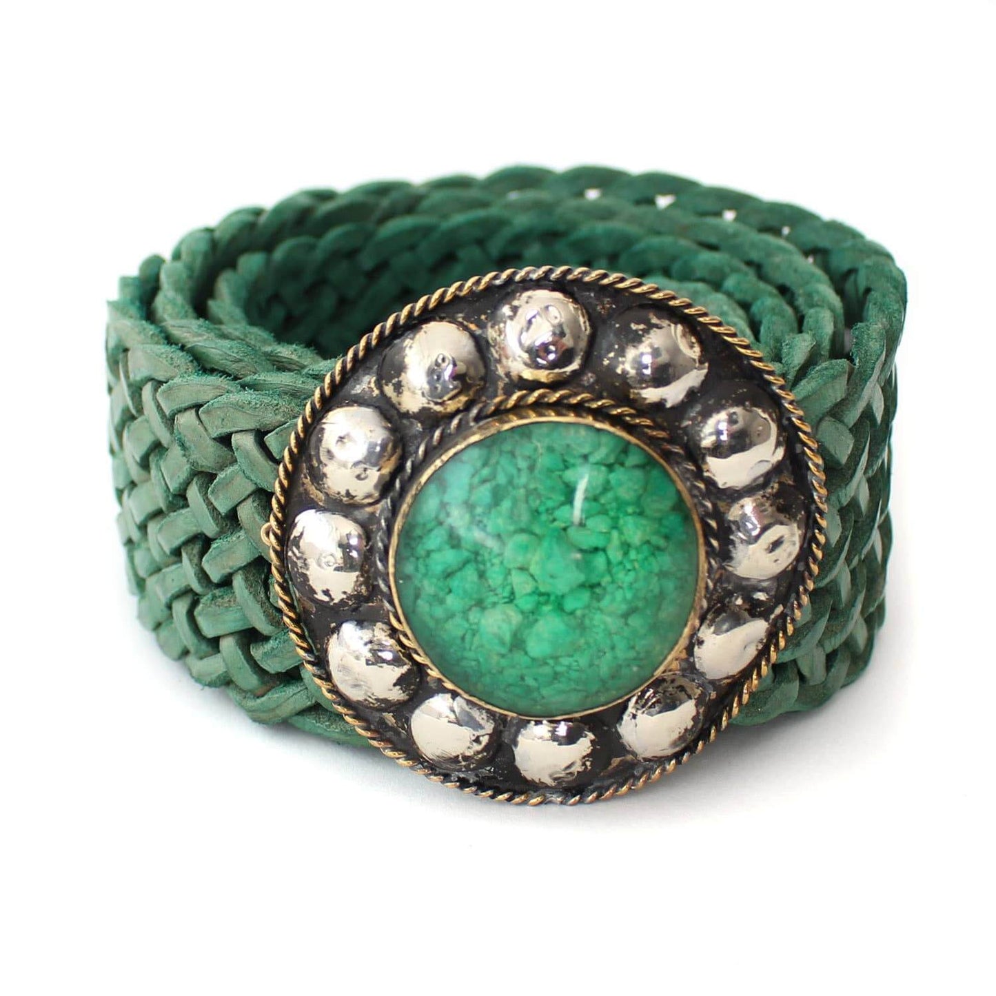 Made in Morocco - Round Buckle Dark Green Stone Leather Belt