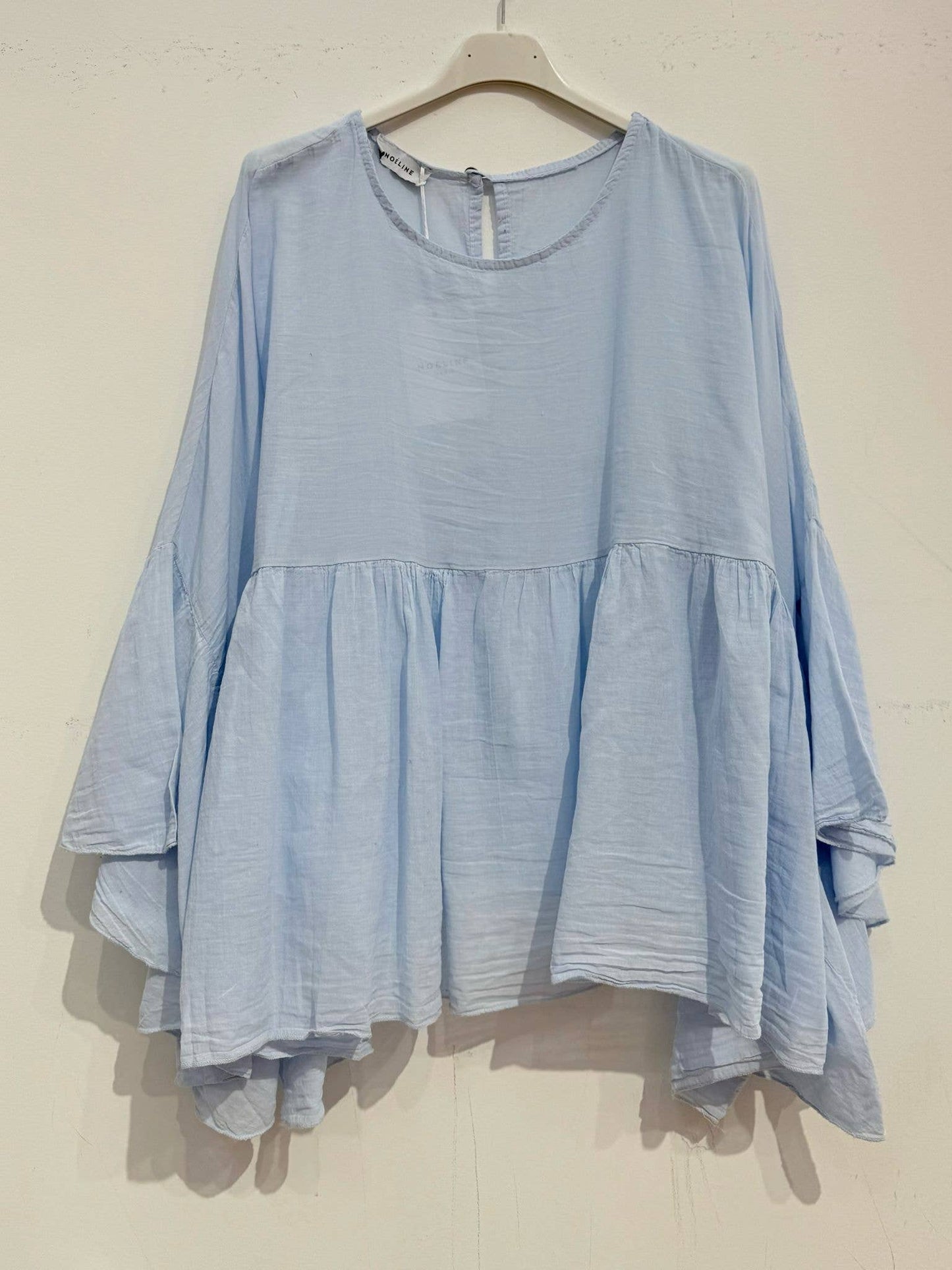 Cotton Voile Blouse – Ruffled Sleeves, Round Neck, One Size