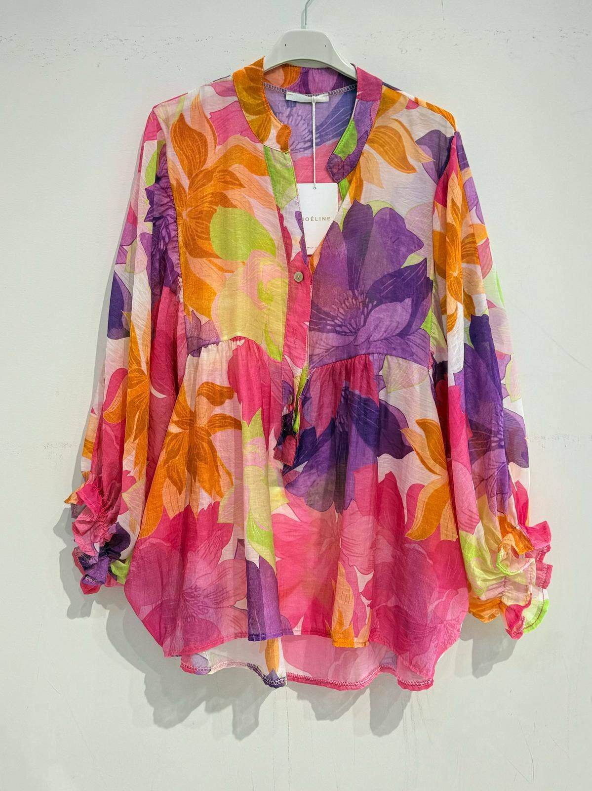 Printed Cotton Voile Blouse – Ruffled Trim, Shirt Collar, One Size