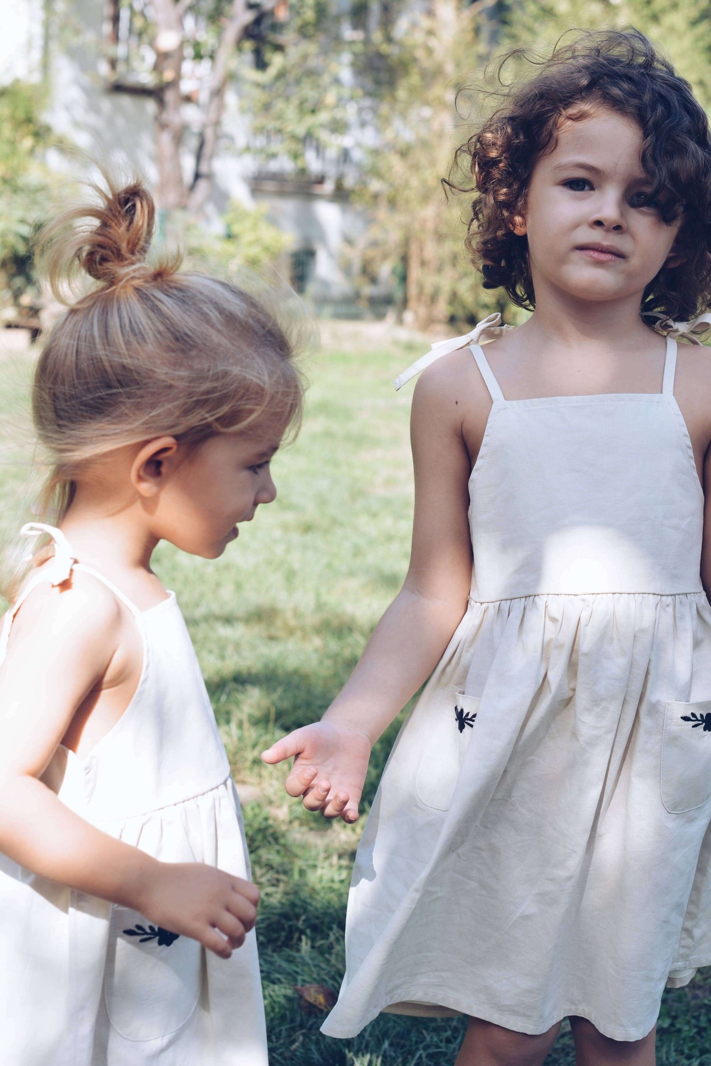 ESTELLE Dress – Beige Cotton with Embroidered Pockets