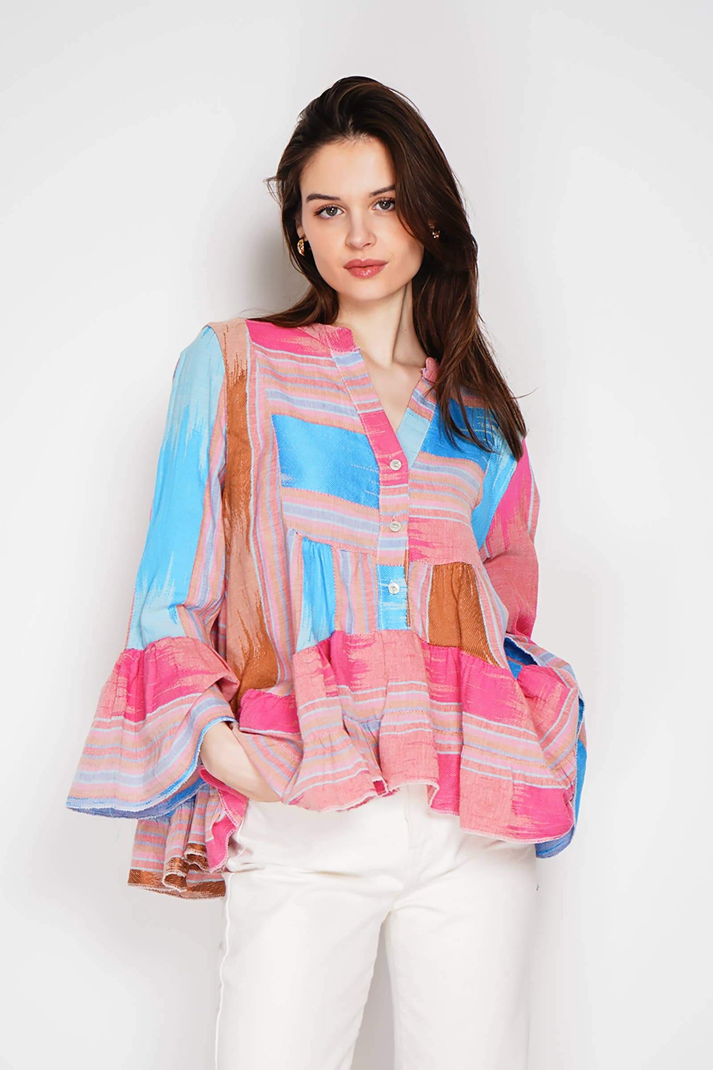 Embroidered Cotton Blouse – 3/4 Sleeves, One Size, Lightweight Elegance