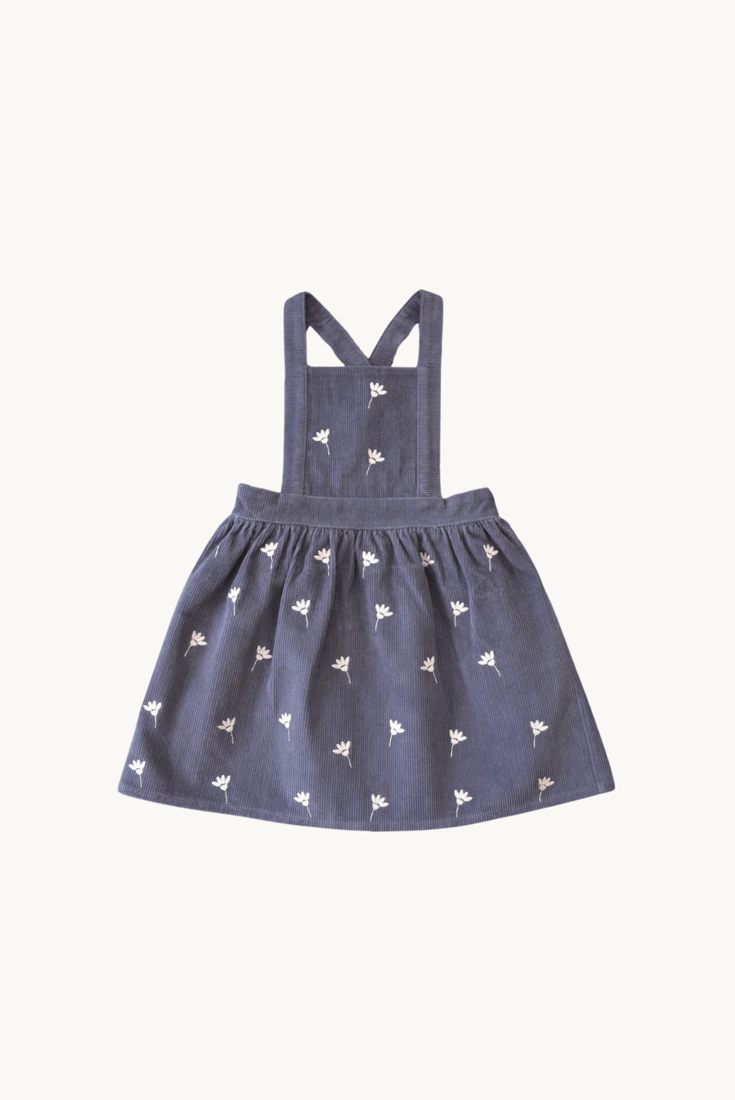 Gaia Dress – Stone Blue Corduroy, Floral Embroidery, Adjustable Straps, 100% Cotton OEKO-TEX