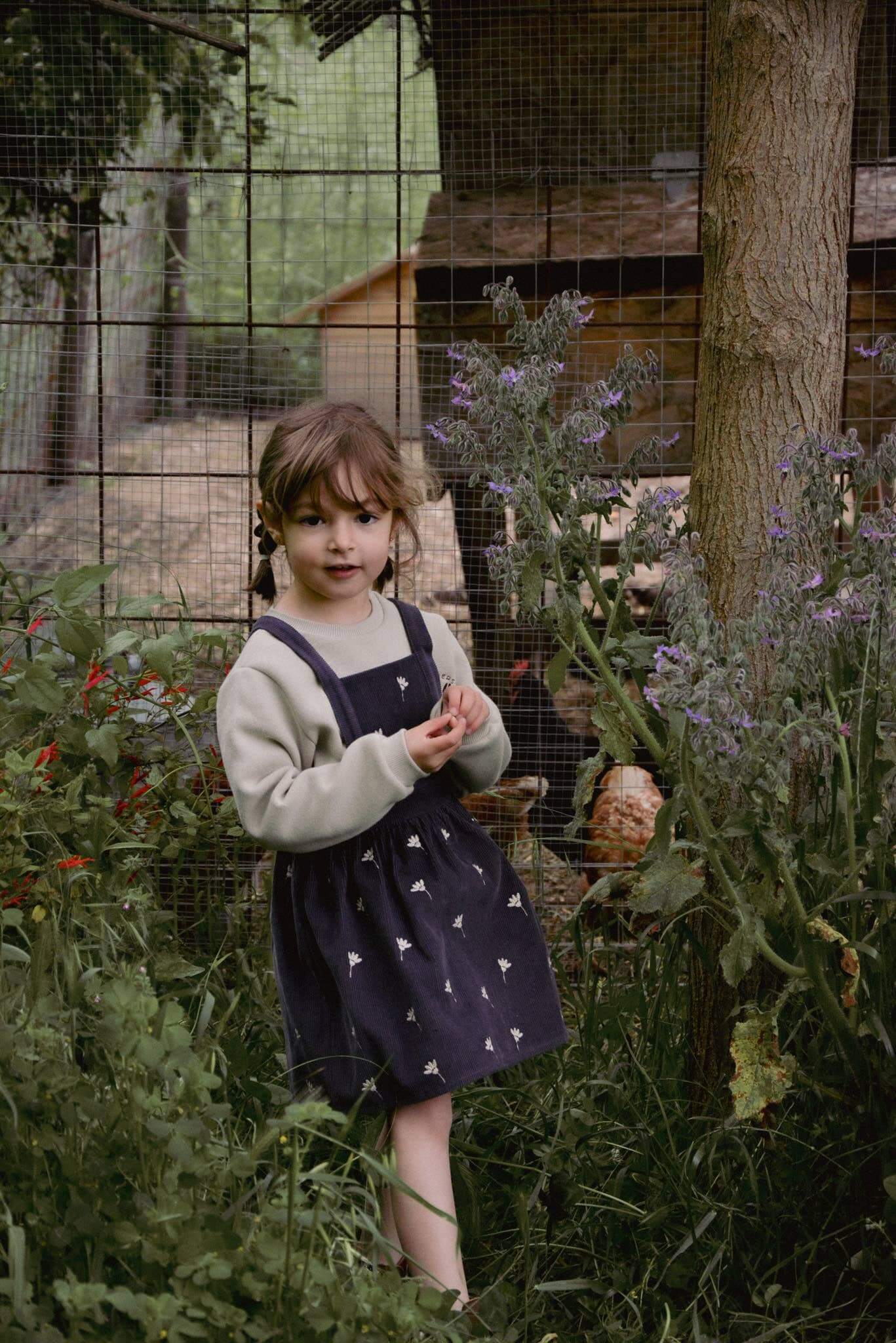 Gaia Dress – Stone Blue Corduroy, Floral Embroidery, Adjustable Straps, 100% Cotton OEKO-TEX