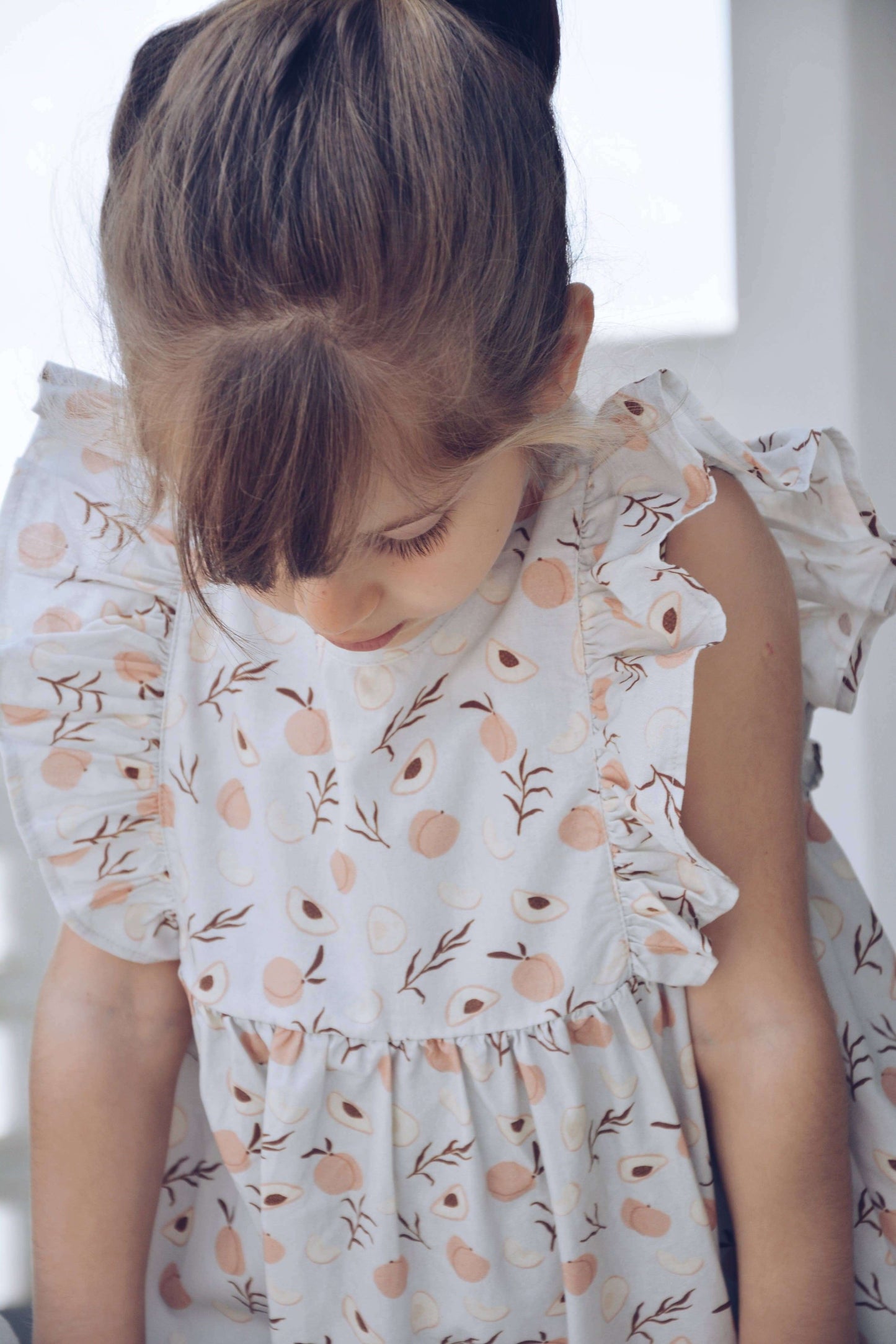 Blue with Peach Pattern, Ruffles & Coconut Buttons