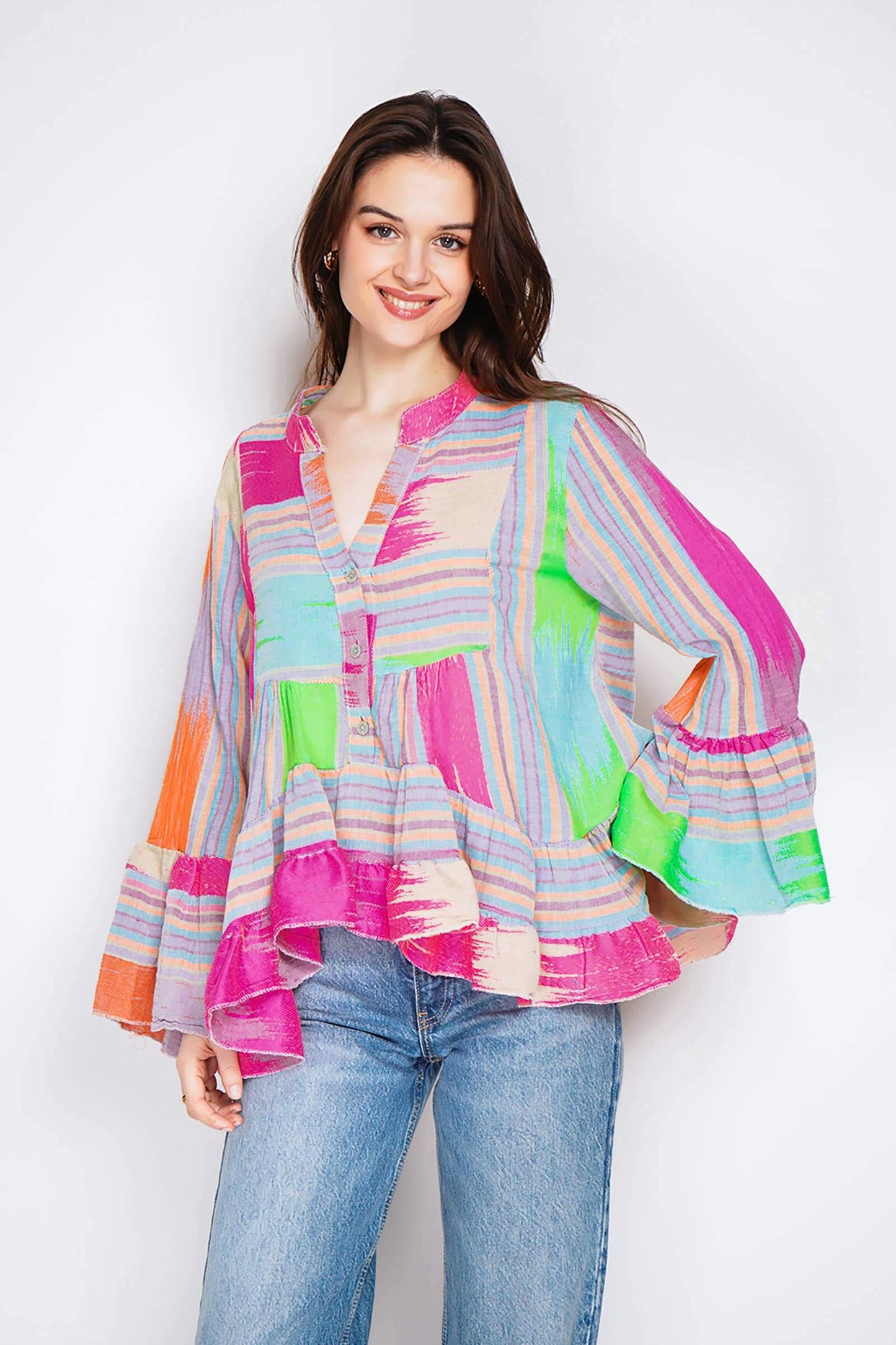 Embroidered Cotton Blouse – 3/4 Sleeves, One Size, Lightweight Elegance