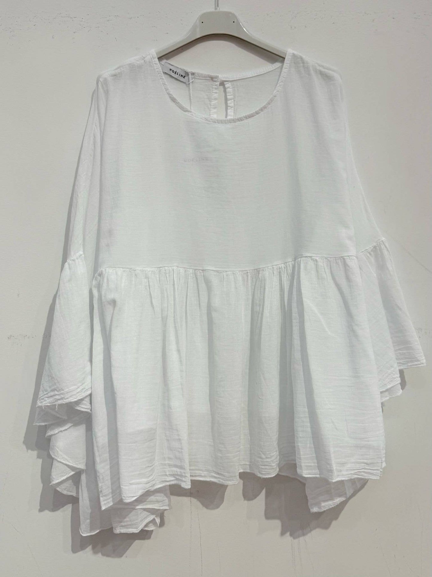 Cotton Voile Blouse – Ruffled Sleeves, Round Neck, One Size