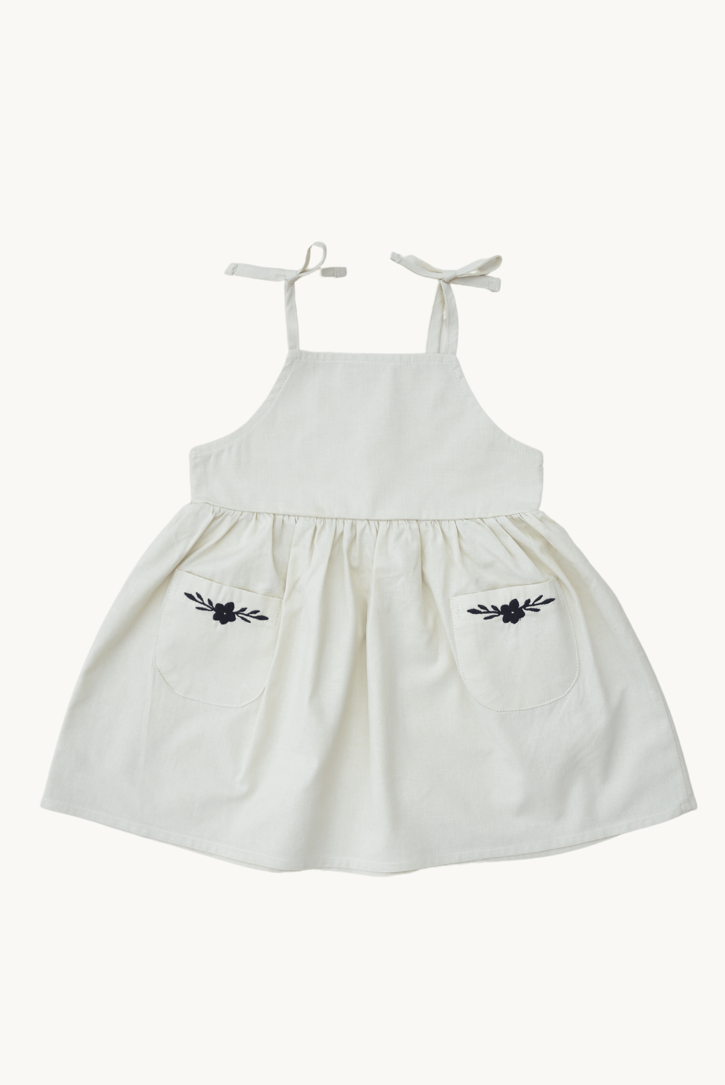 ESTELLE Dress – Beige Cotton with Embroidered Pockets