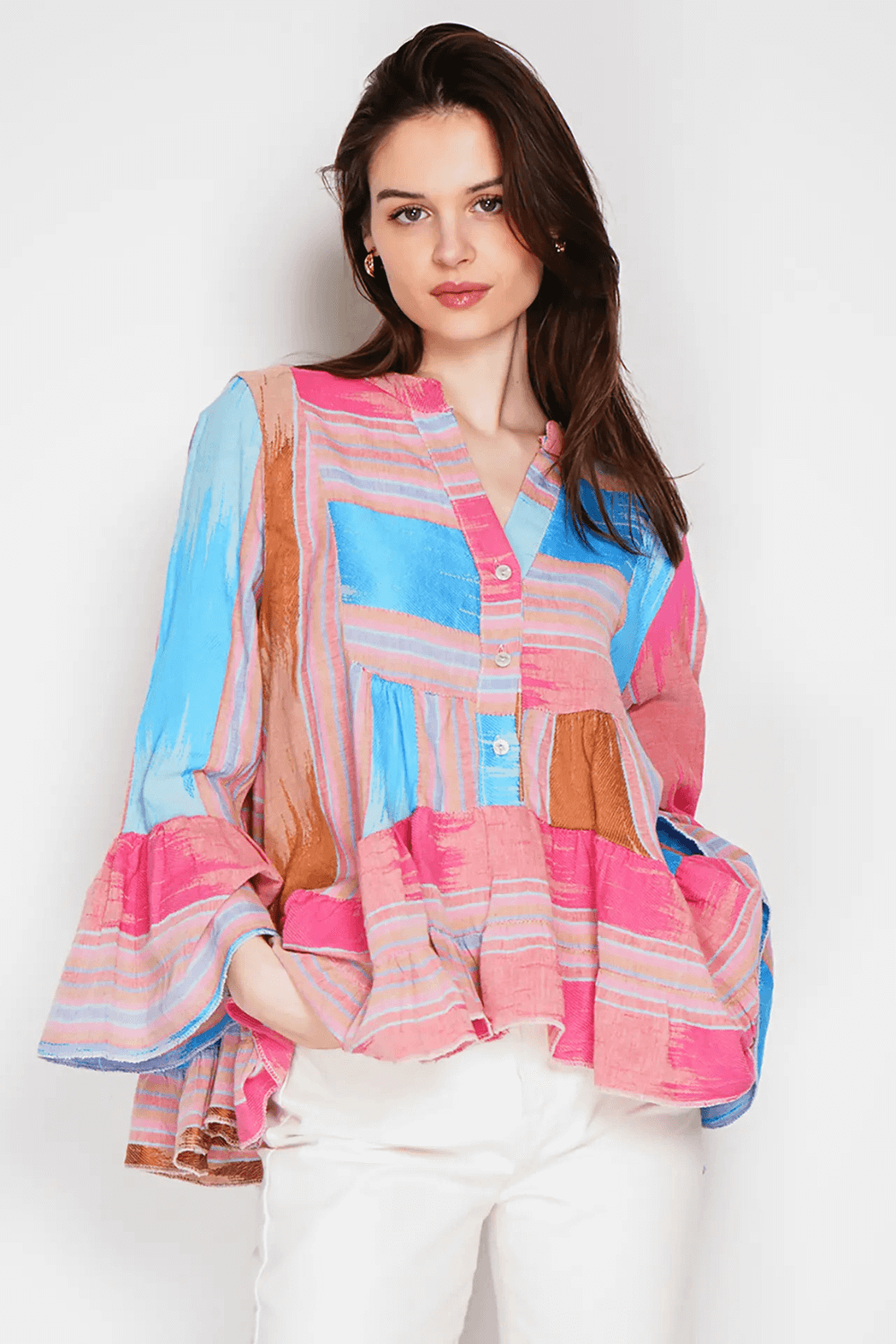 Embroidered Cotton Blouse – 3/4 Sleeves, One Size, Lightweight Elegance