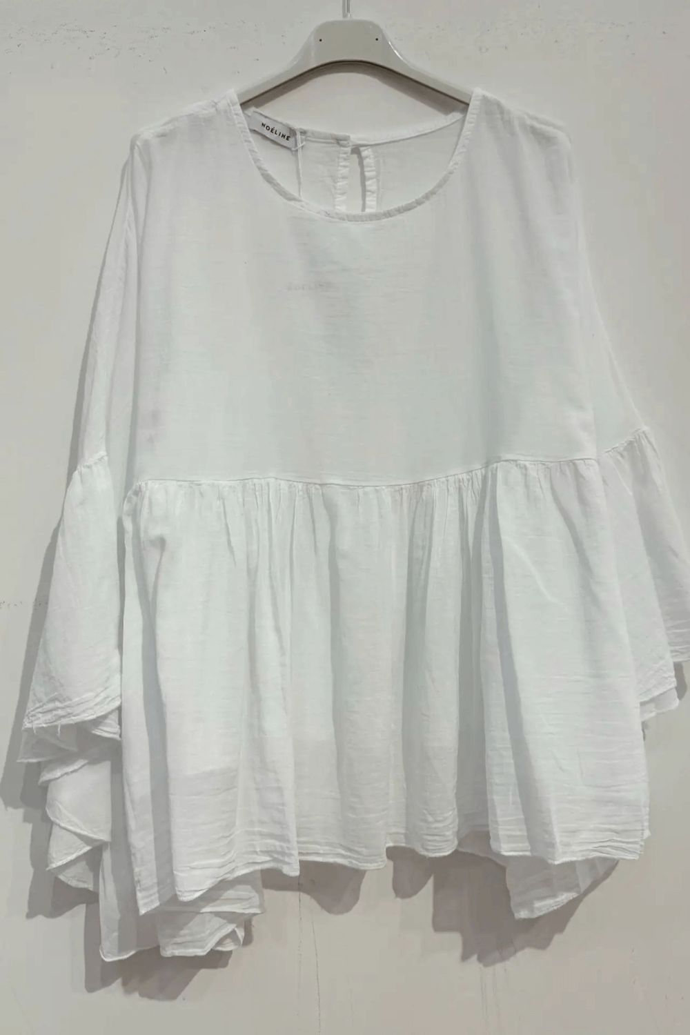 Cotton Voile Blouse – Ruffled Sleeves, Round Neck, One Size