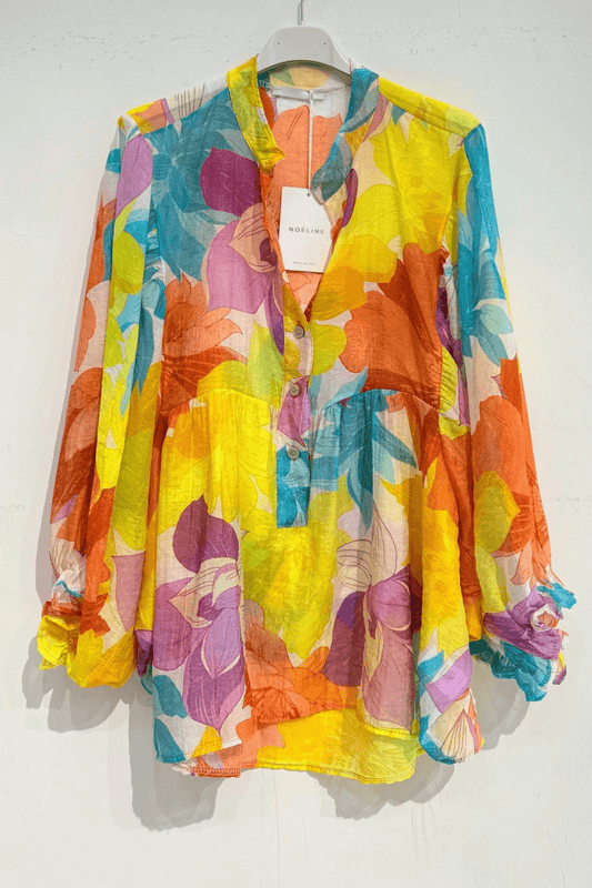 Printed Cotton Voile Blouse – Ruffled Trim, Shirt Collar, One Size