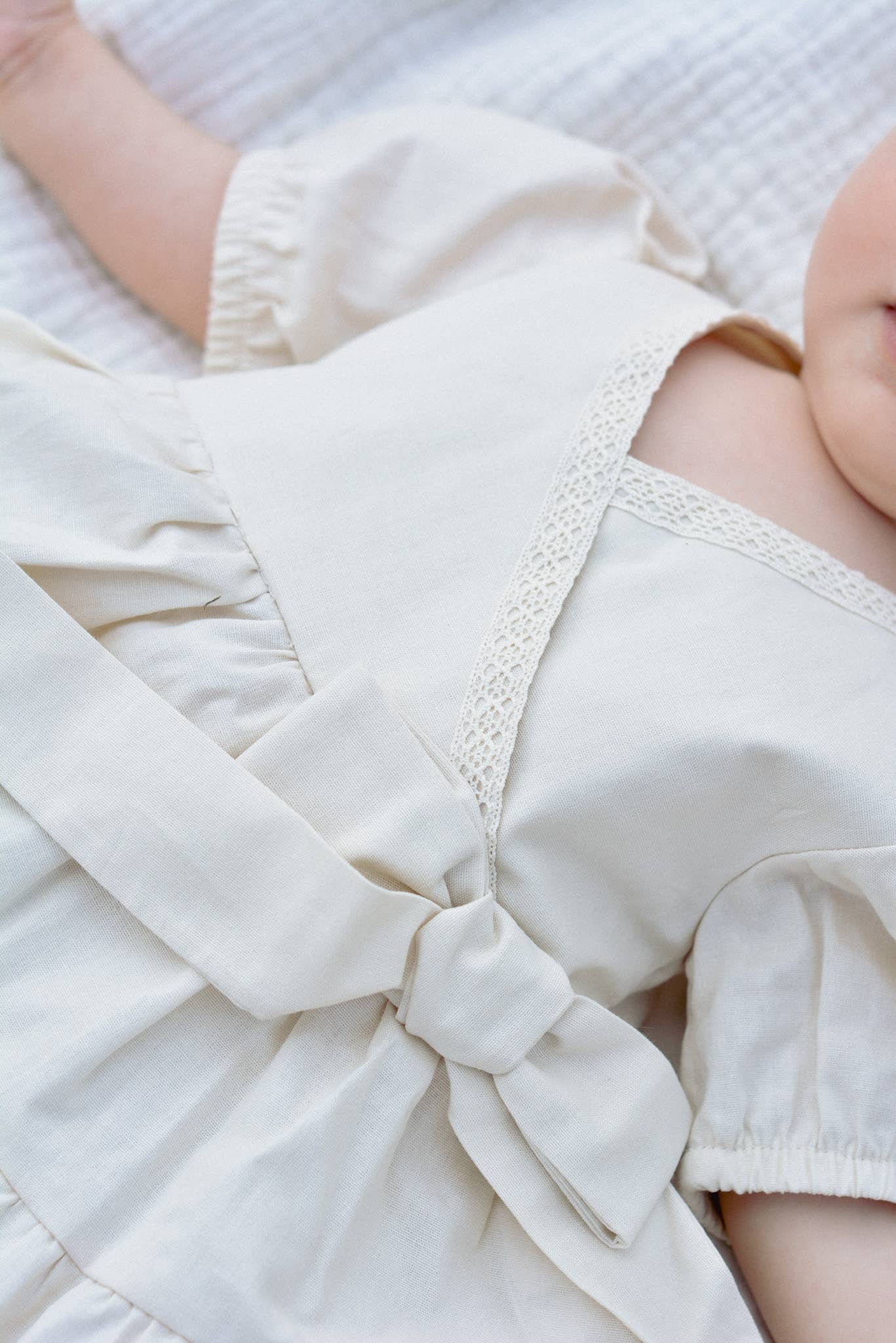 LARA Dress – Beige Cotton with Lace and Balloon Sleeves