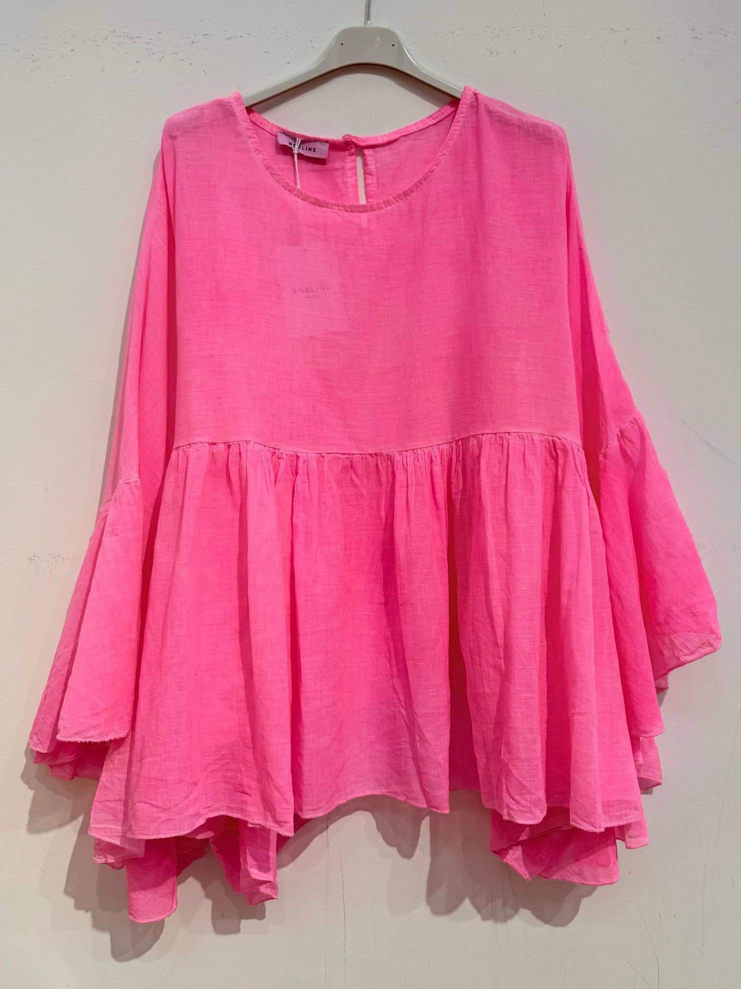 Cotton Voile Blouse – Ruffled Sleeves, Round Neck, One Size