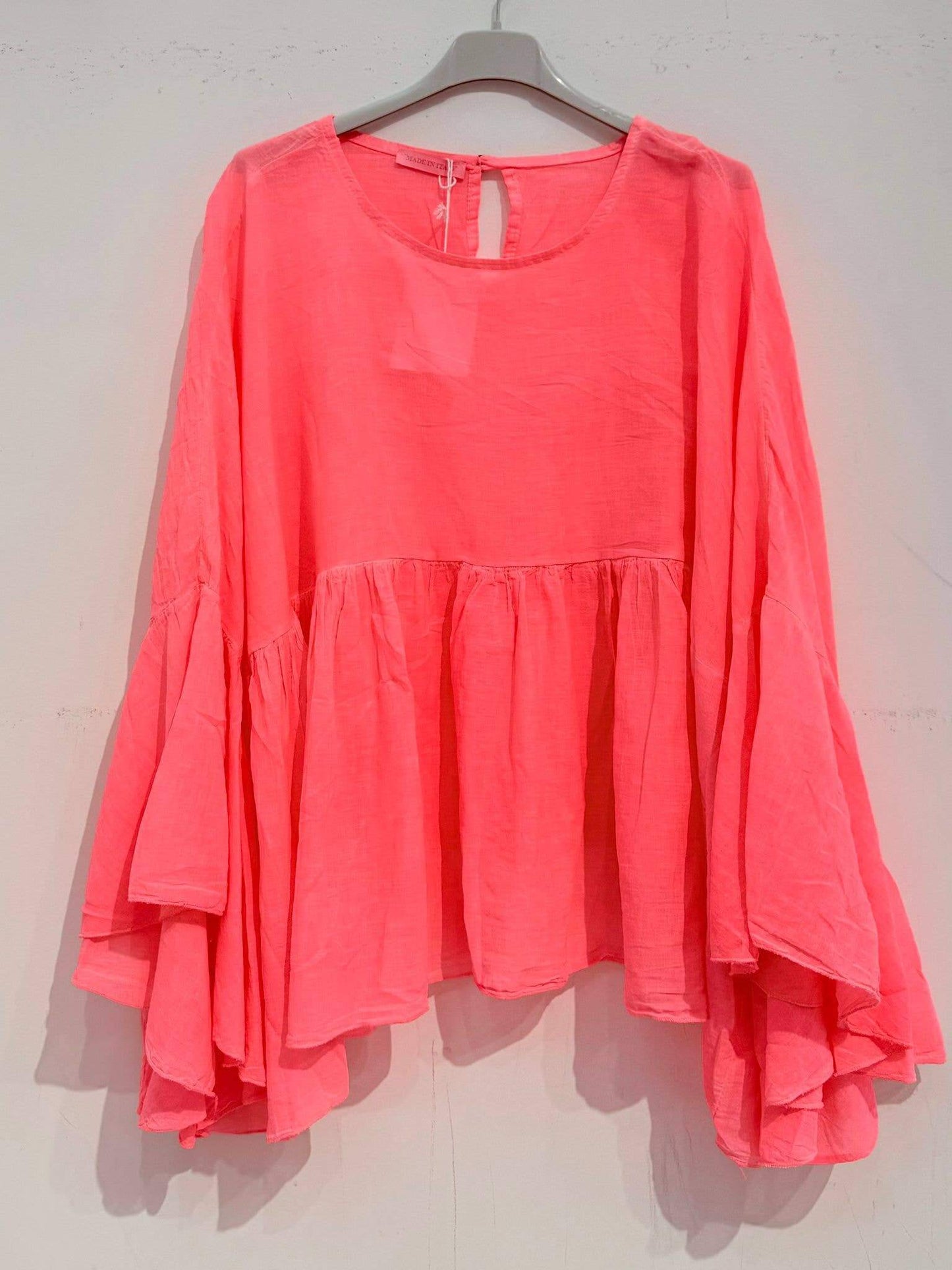 Cotton Voile Blouse – Ruffled Sleeves, Round Neck, One Size