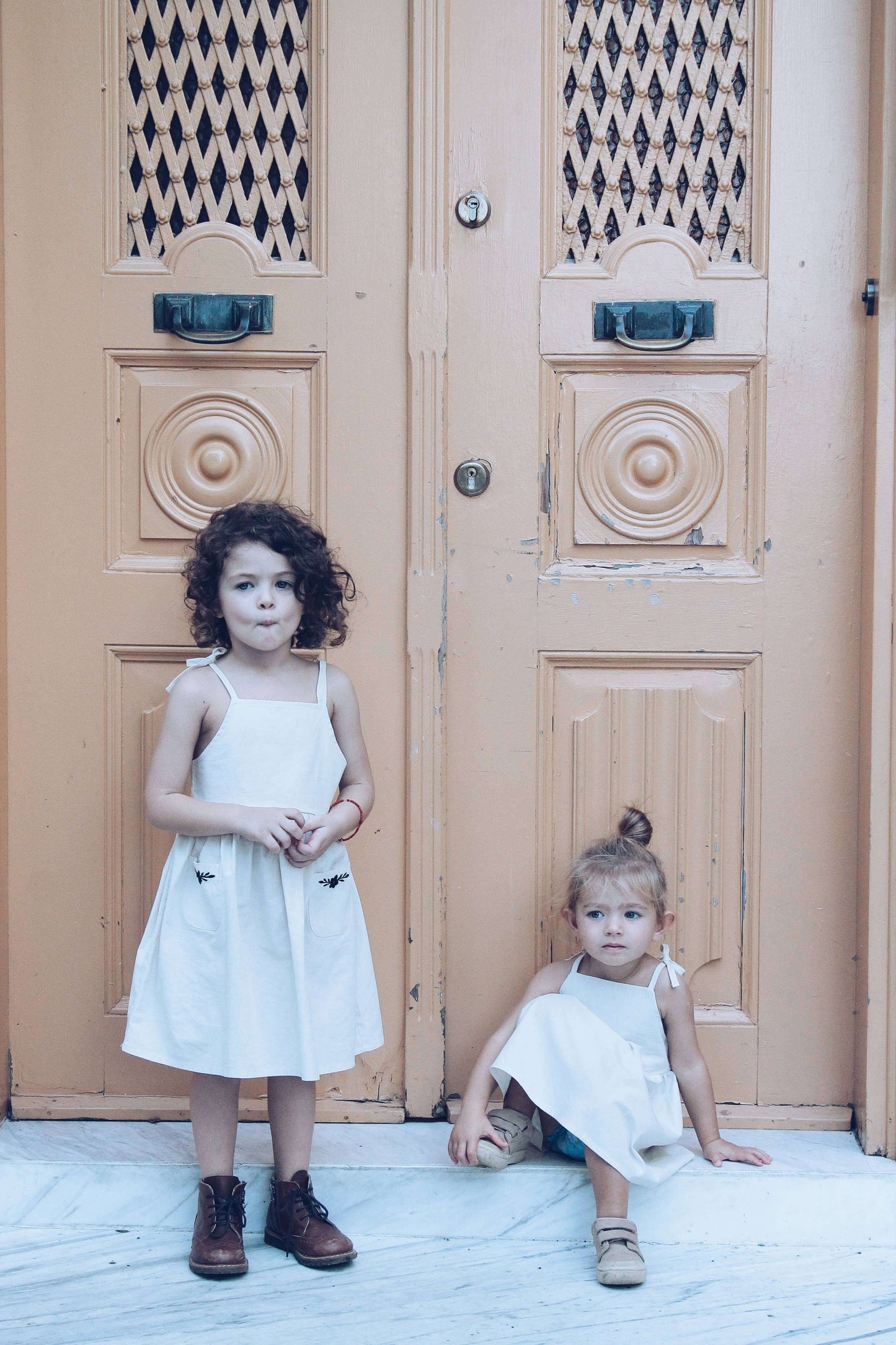 ESTELLE Dress – Beige Cotton with Embroidered Pockets