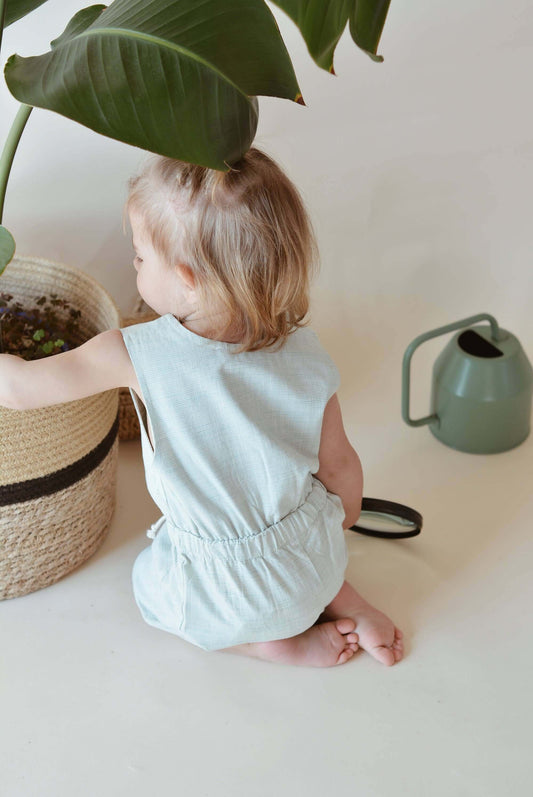 Romy Overalls – Green, Coconut Buttons, Bow Appliqué, 100% Cotton OEKO-TEX