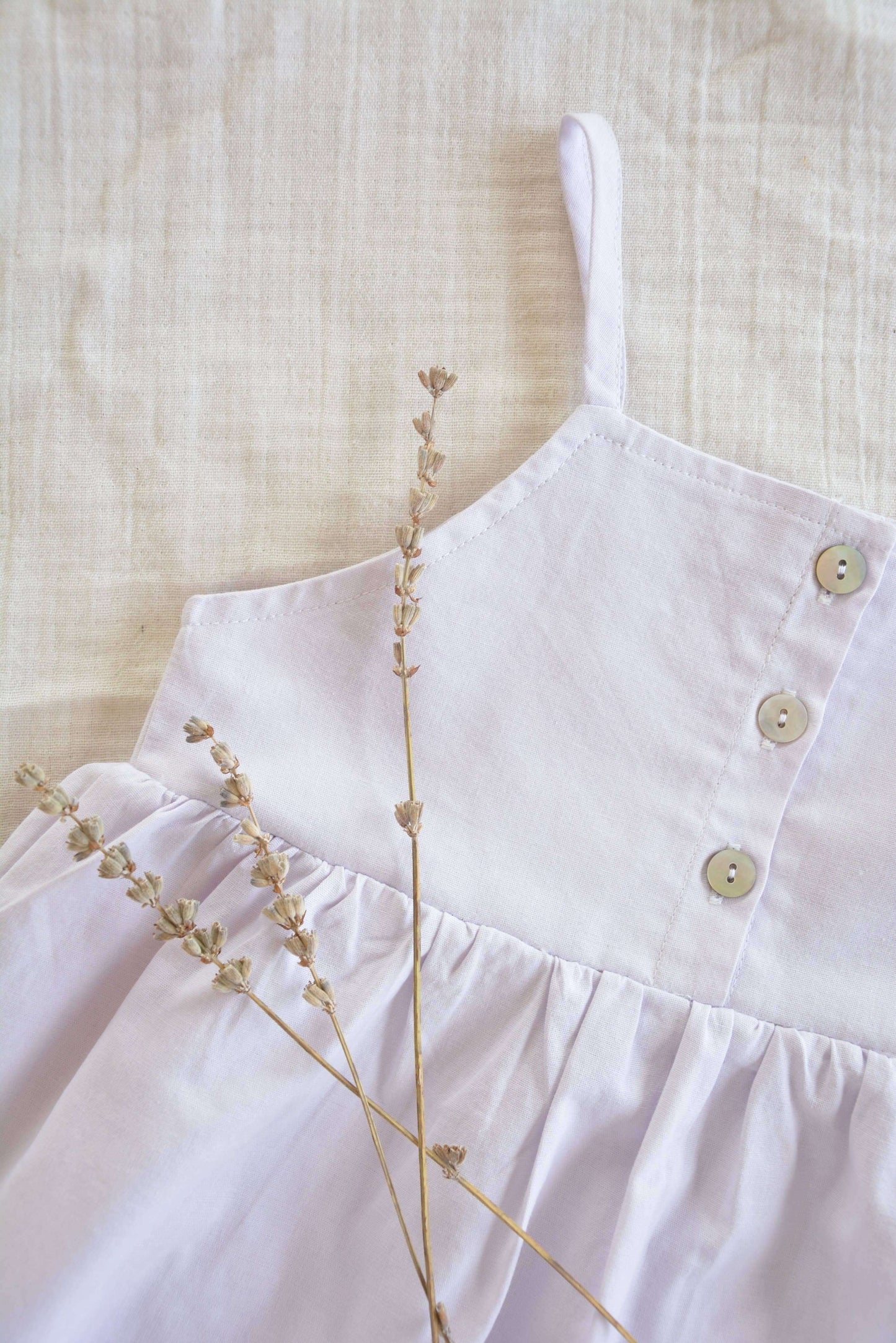 TARA Dress – Sleeveless, Shell Buttons, Lilac