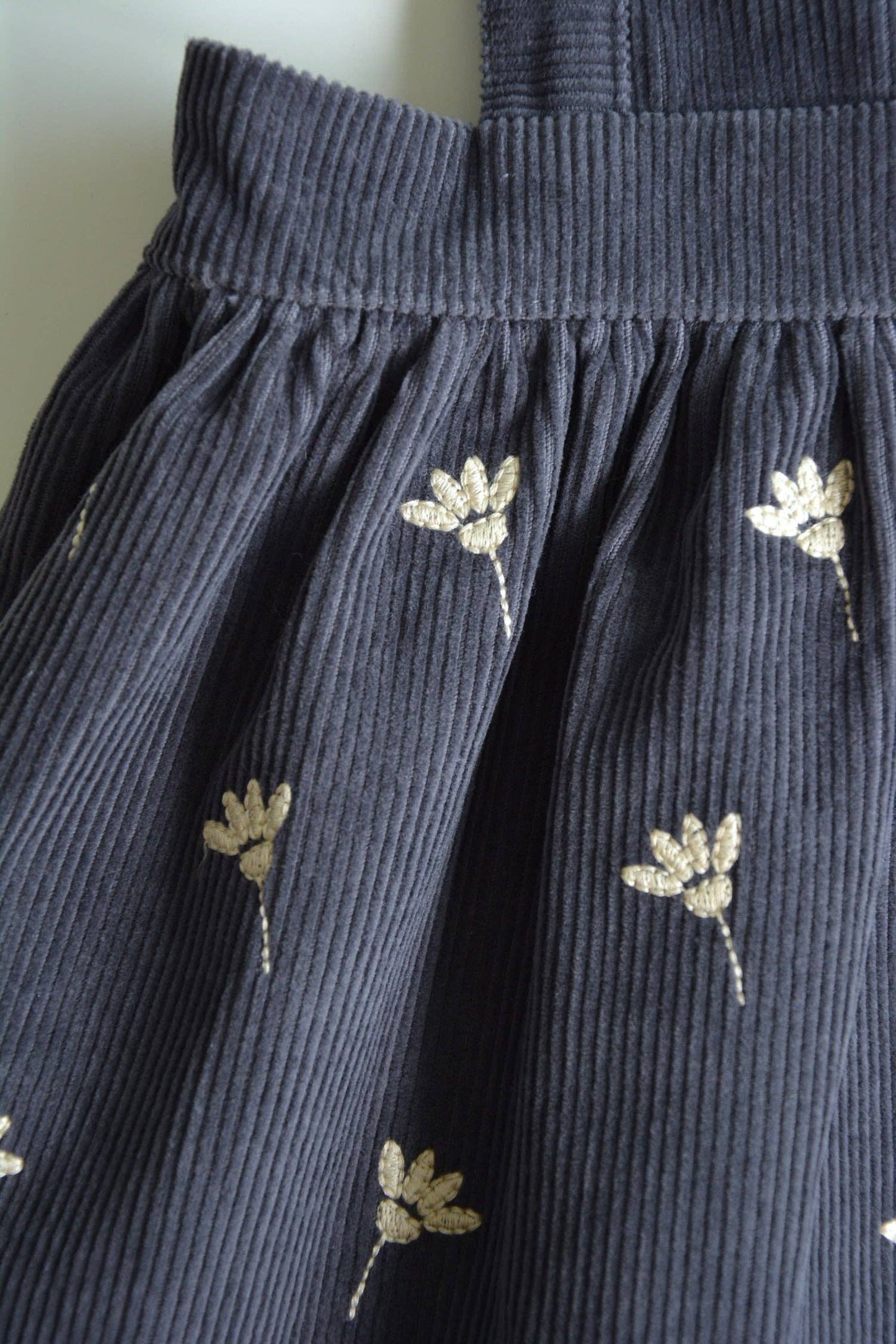 Gaia Dress – Stone Blue Corduroy, Floral Embroidery, Adjustable Straps, 100% Cotton OEKO-TEX