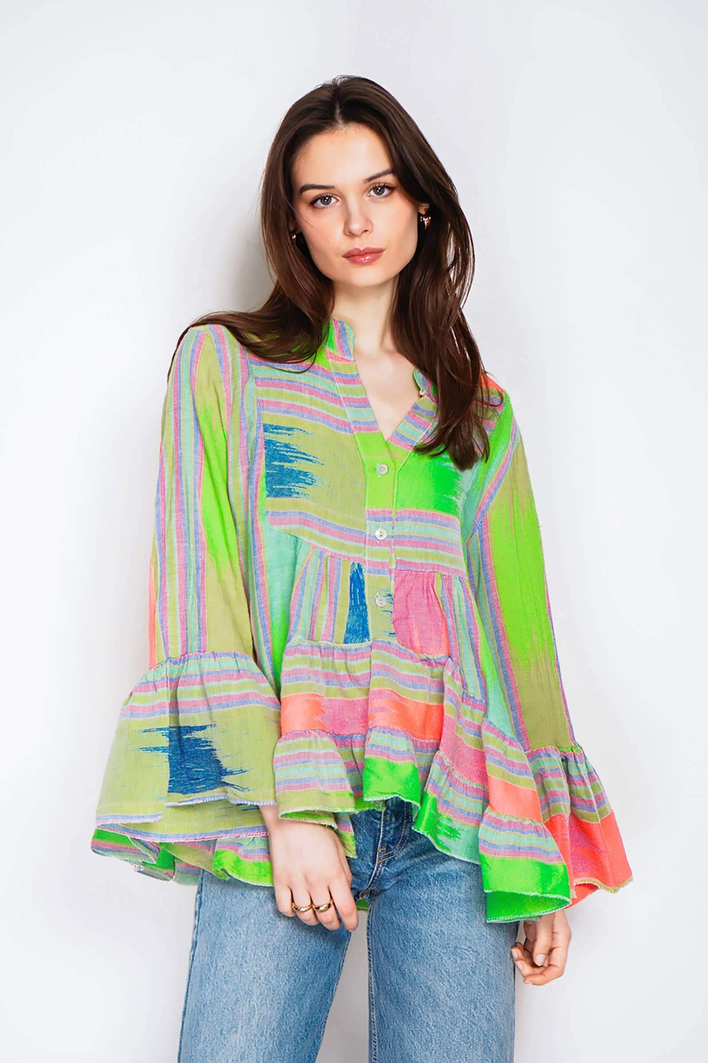 Embroidered Cotton Blouse – 3/4 Sleeves, One Size, Lightweight Elegance