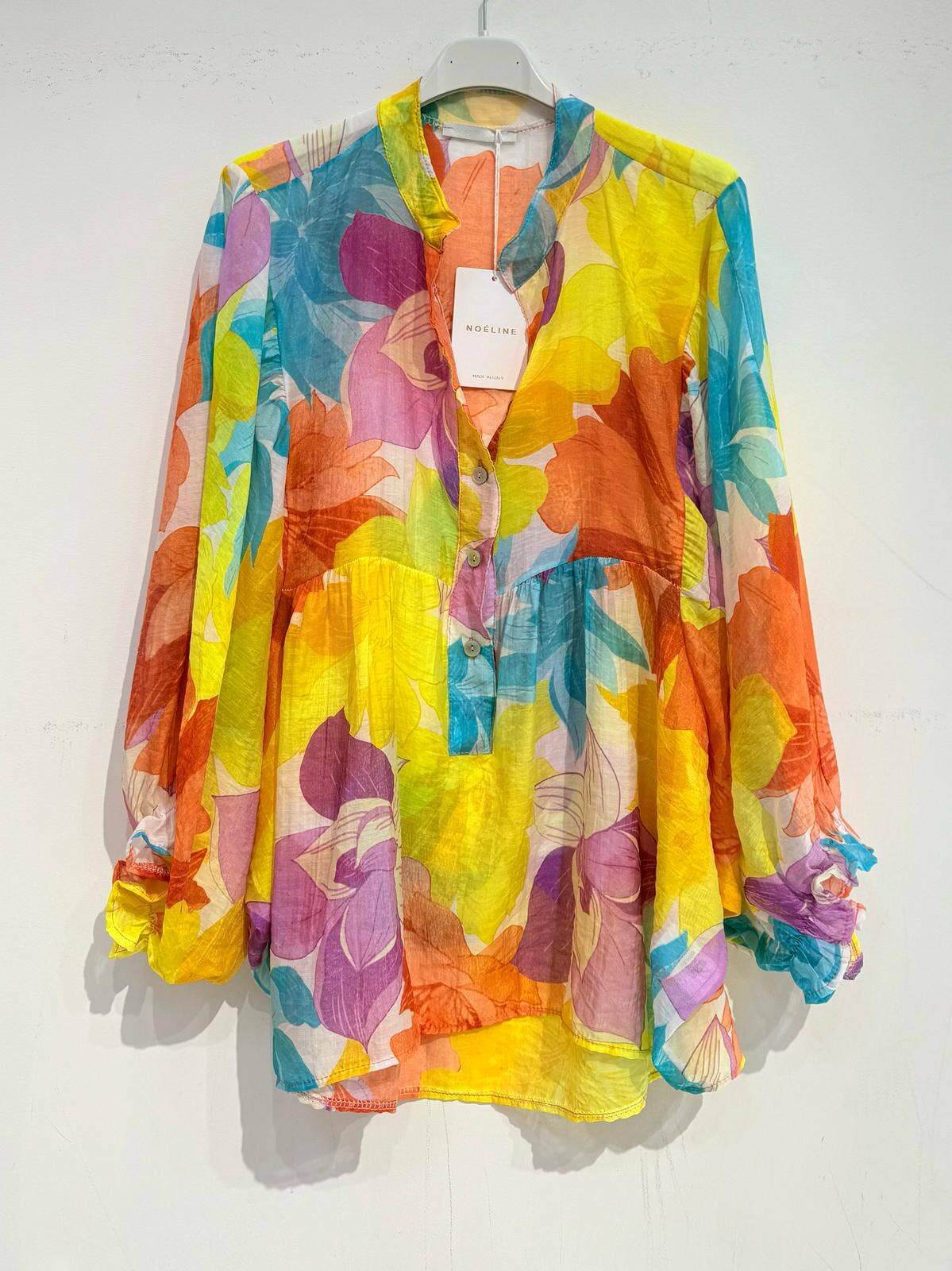 Printed Cotton Voile Blouse – Ruffled Trim, Shirt Collar, One Size