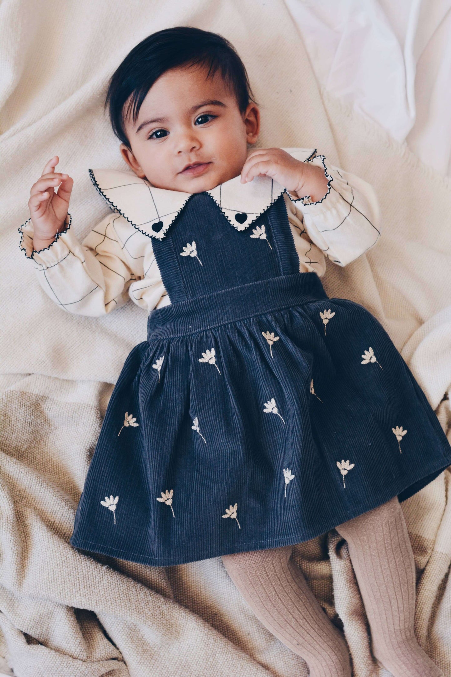 Gaia Dress – Stone Blue Corduroy, Floral Embroidery, Adjustable Straps, 100% Cotton OEKO-TEX