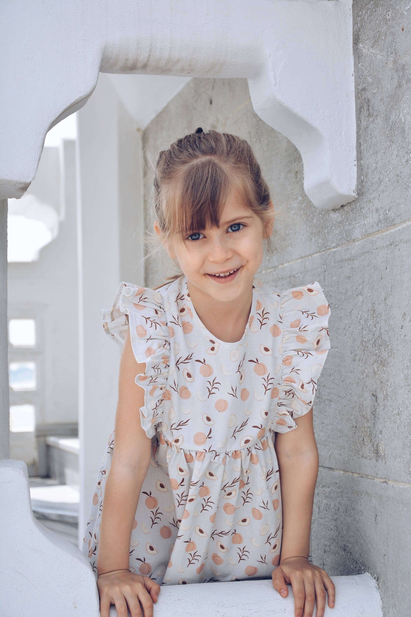 Blue with Peach Pattern, Ruffles & Coconut Buttons