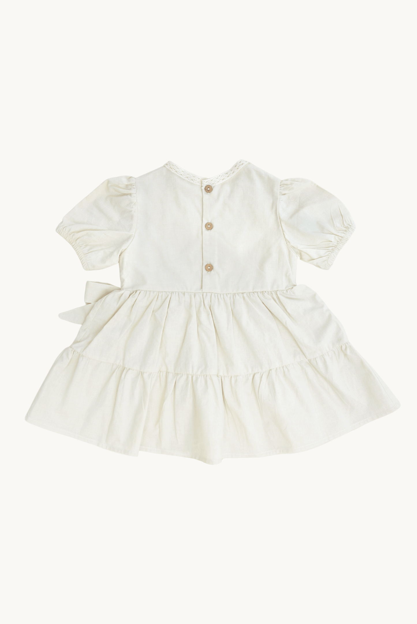 LARA Dress – Beige Cotton with Lace and Balloon Sleeves