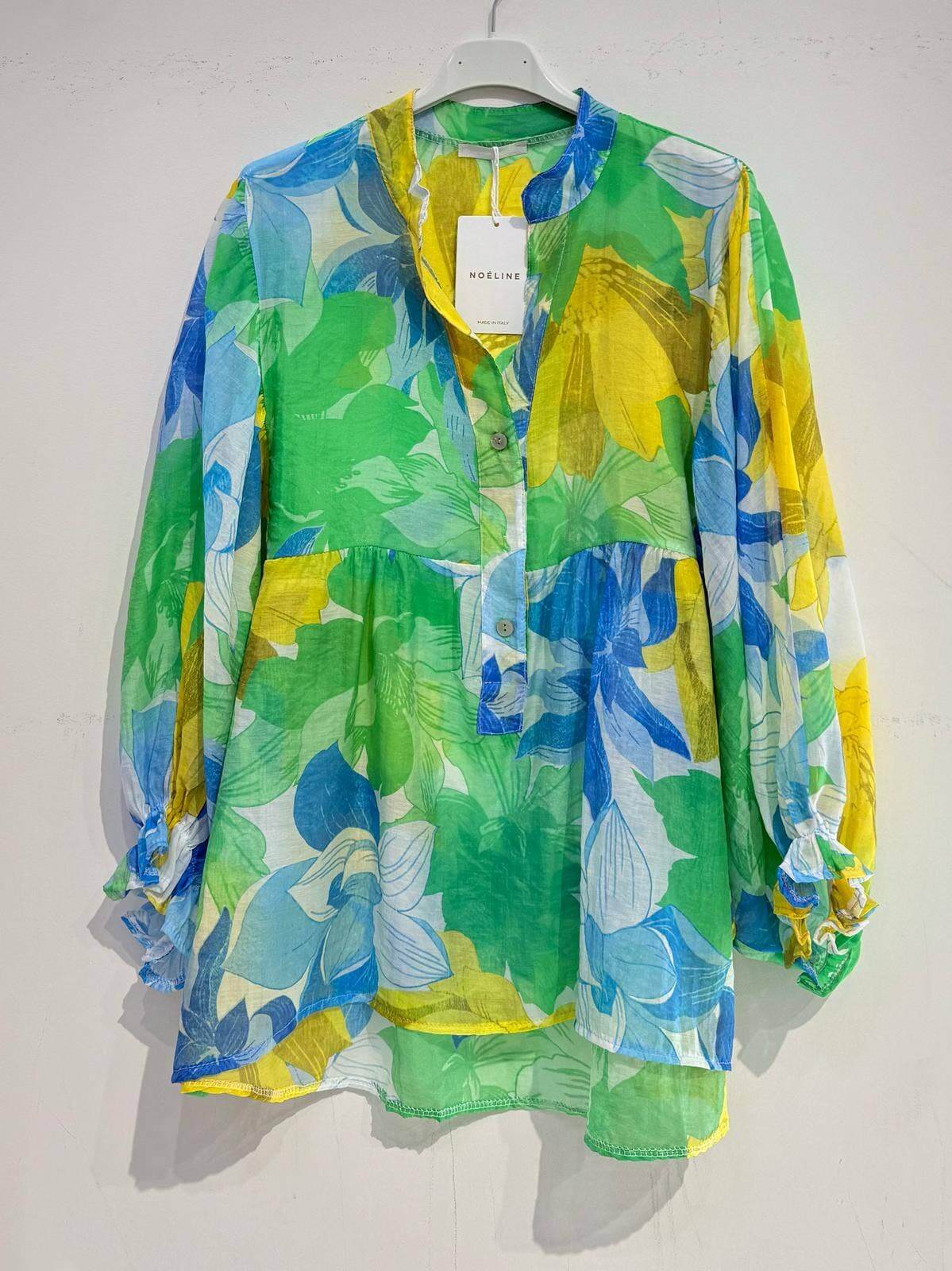 Printed Cotton Voile Blouse – Ruffled Trim, Shirt Collar, One Size