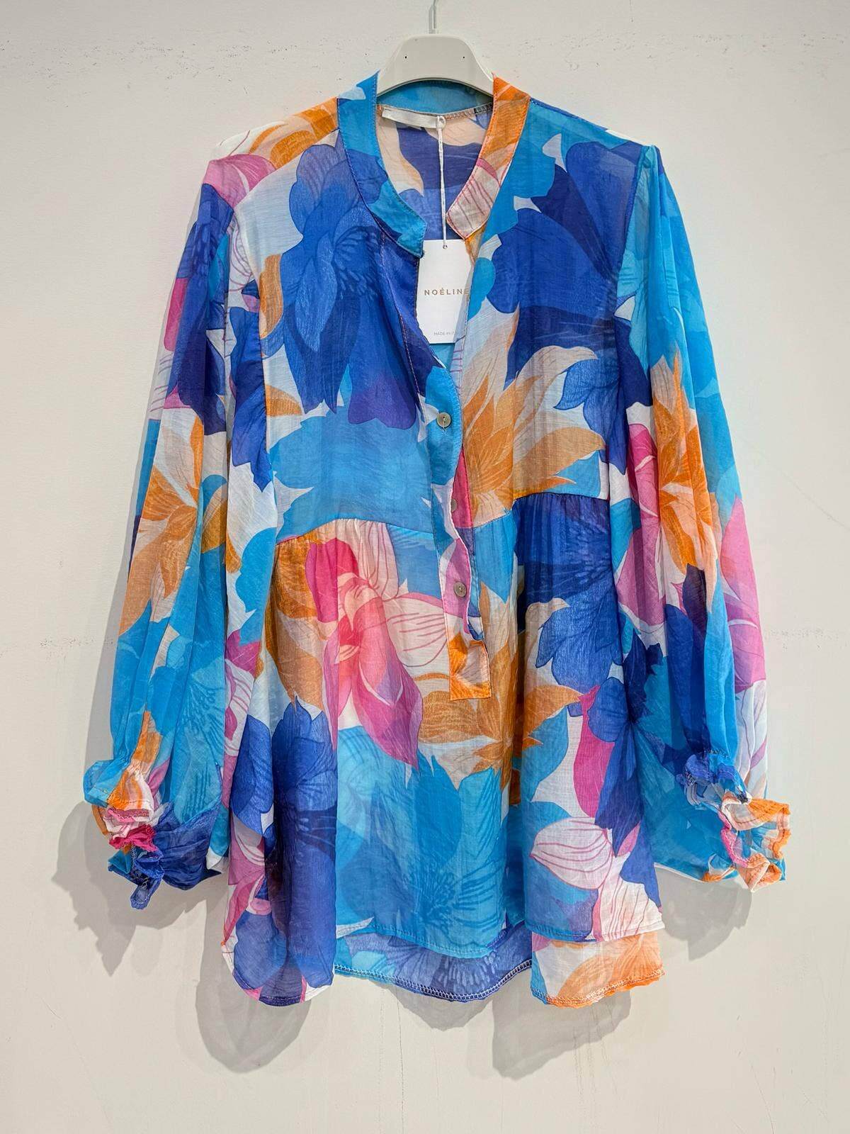 Printed Cotton Voile Blouse – Ruffled Trim, Shirt Collar, One Size